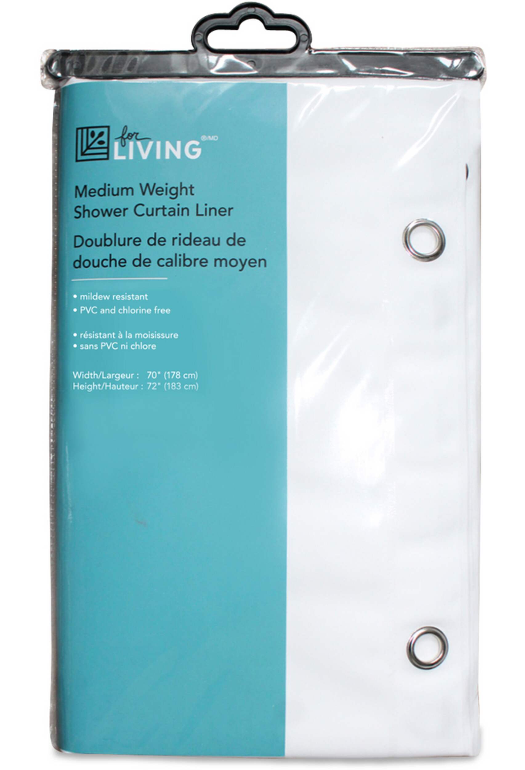 For Living Medium Weight Shower Curtain Liner, Assorted Colours, 70in