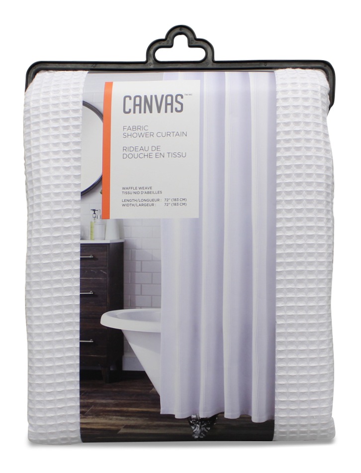 CANVAS Waffle Fabric Machine Wash Shower Curtain, White, 72in x 72in