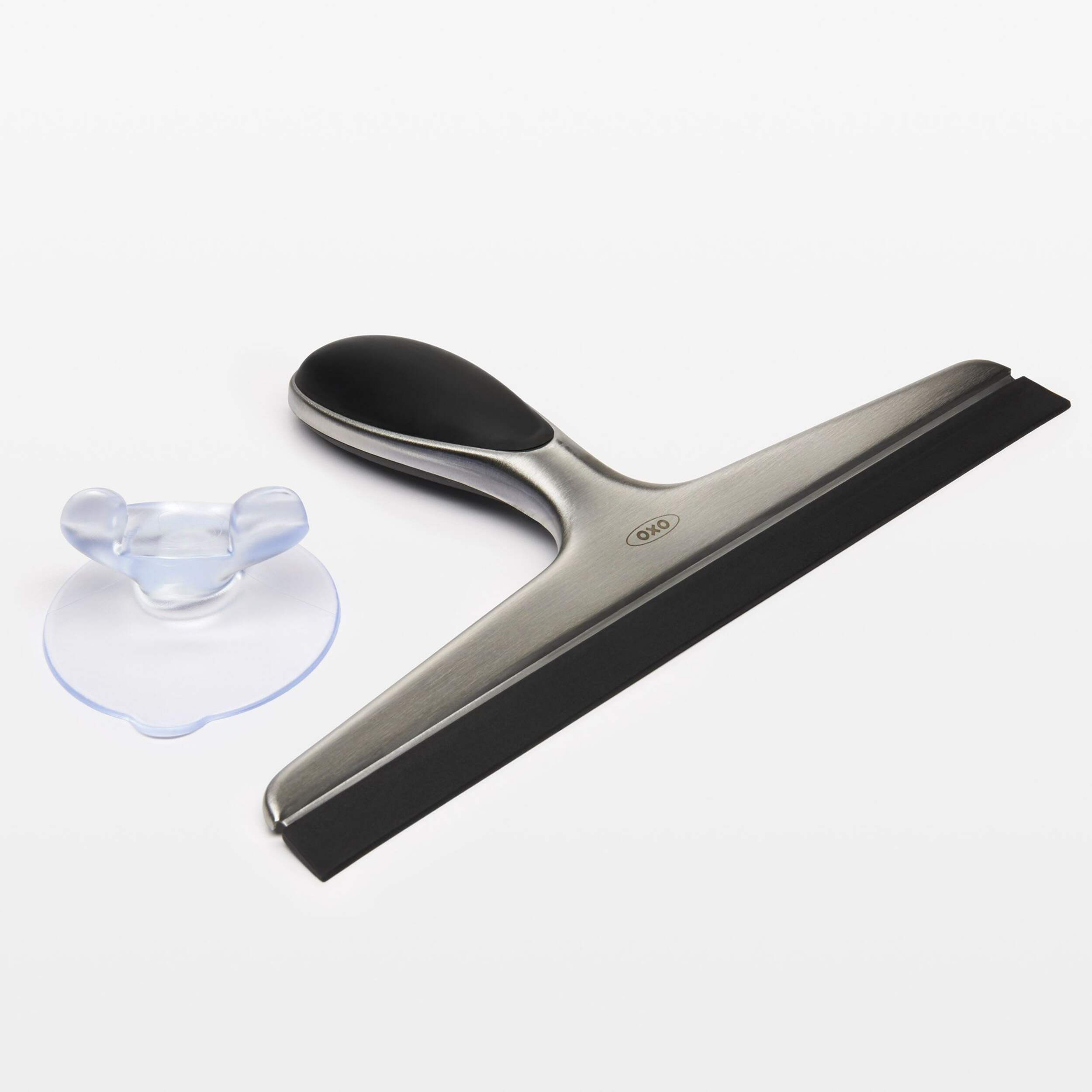 OXO Stainless Steel Squeegee with Suction Cup Hanger, Black Front_Three_Fourths_Angled_Right
