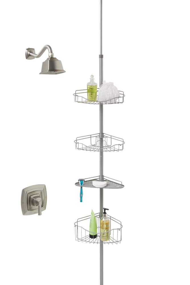 For Living 4ShelvesRustResistant Tension Pole Shower Caddy with Hooks