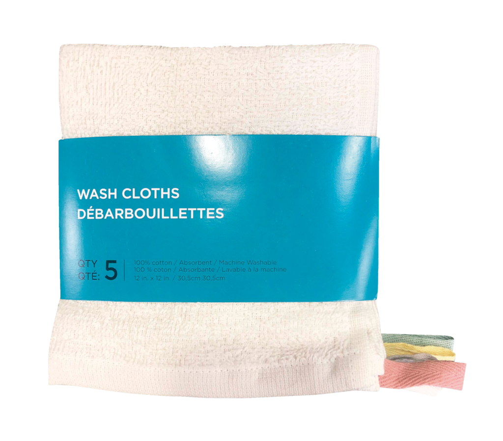 Machine Wash Cotton Absorbent Washcloth, with Hanging Loop, 12 x 12in5pk Canadian Tire