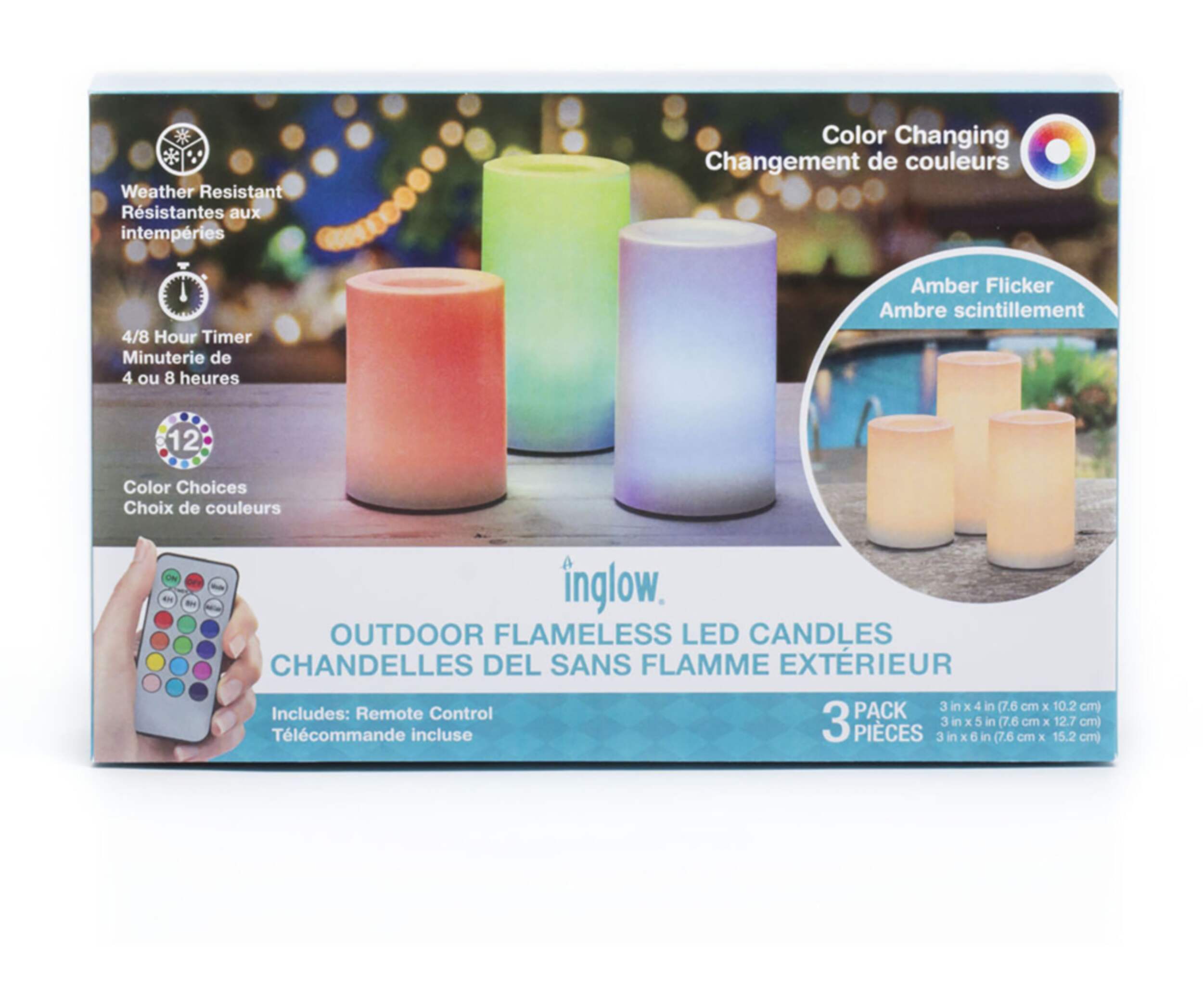Expressions Outdoor Flameless LED Battery Operated Pillar Candles with Remote, Colour-Changing, 3-pc Front_Flat