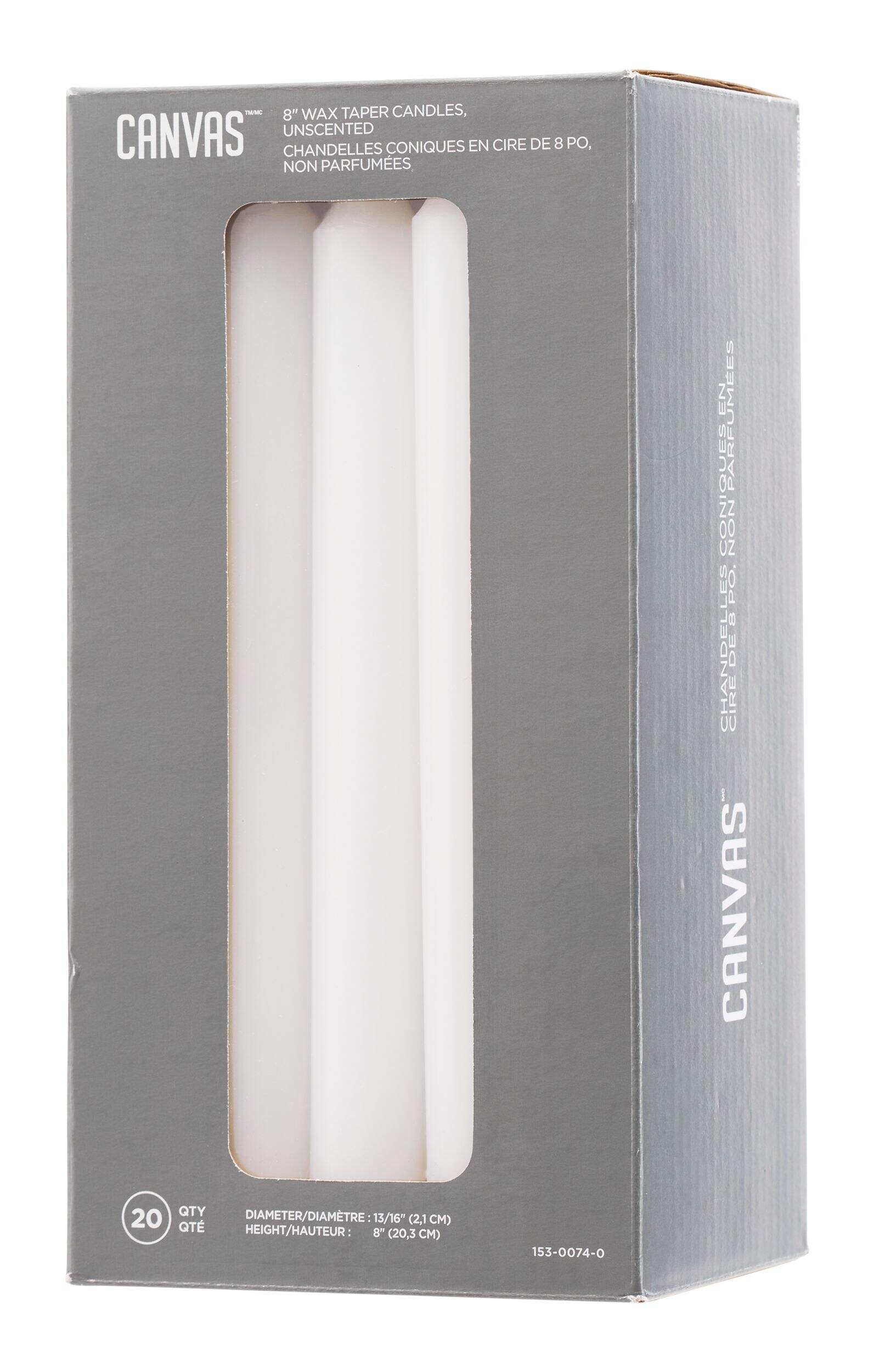 CANVAS Taper Pillar Candles, 20-pk Front_Three_Fourths_Angled_Left
