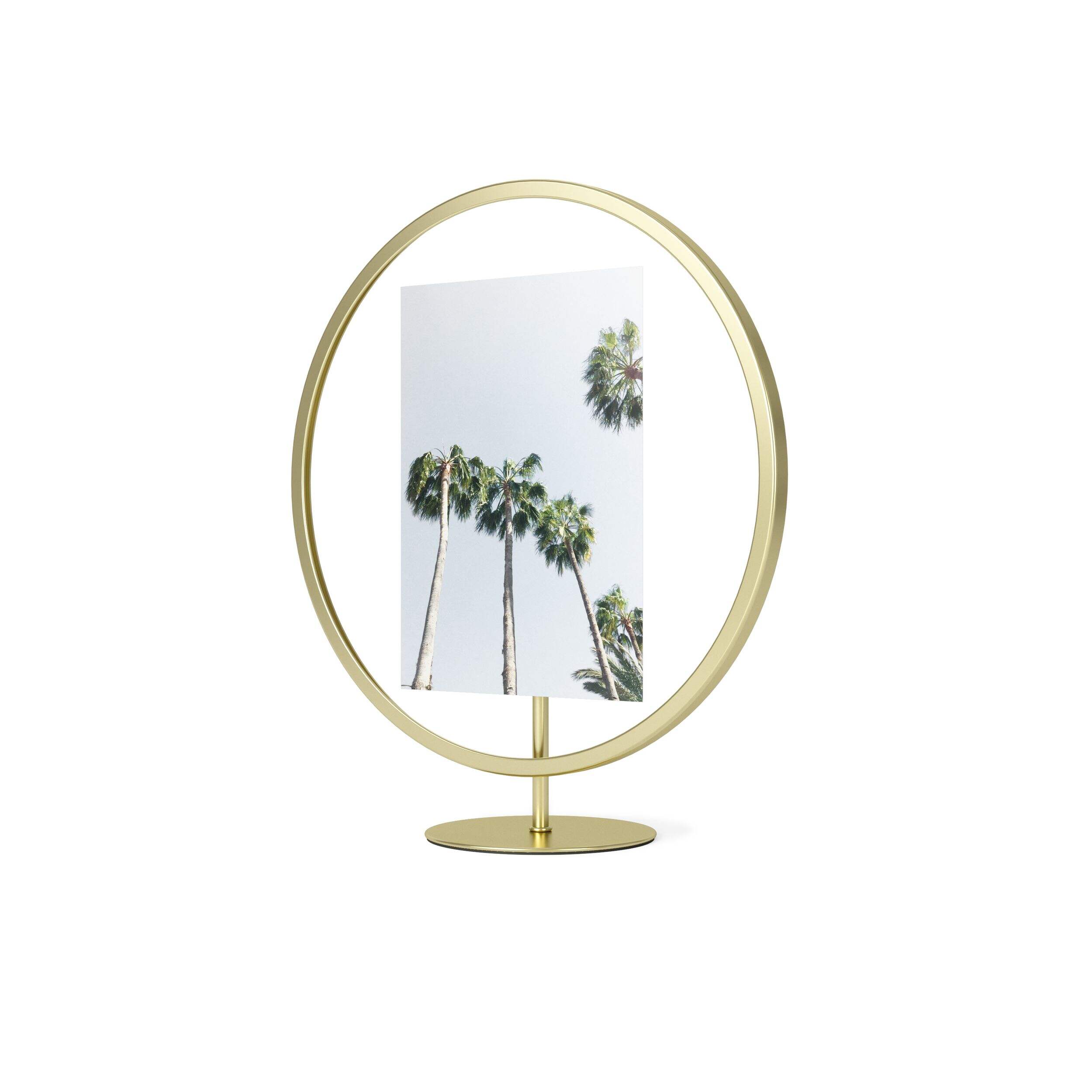 Umbra Infinity Floating Round Photo Display Frame, Matte Brass, 5 x 7-in Front_Three_Fourths_Angled_Left