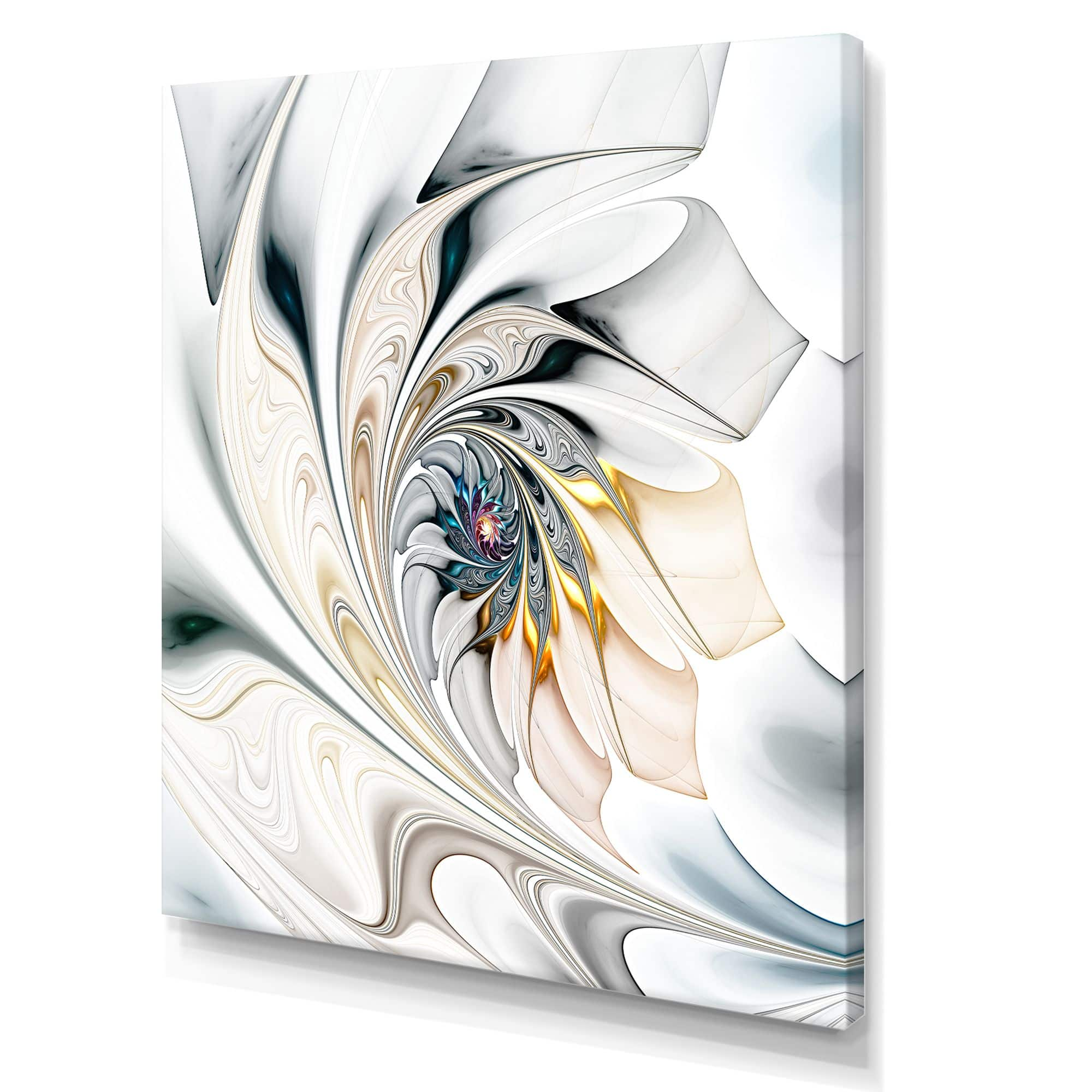 Designart White Floral Vortex Large Wall Art Canvas, White, 12-in x 20 ...