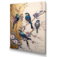 Designart Multicolour Birds On Plum Blossoms Tree XVI Canvas Wall Art, Beige, 34-in x 44-in Front_Three_Fourths_Angled_Left