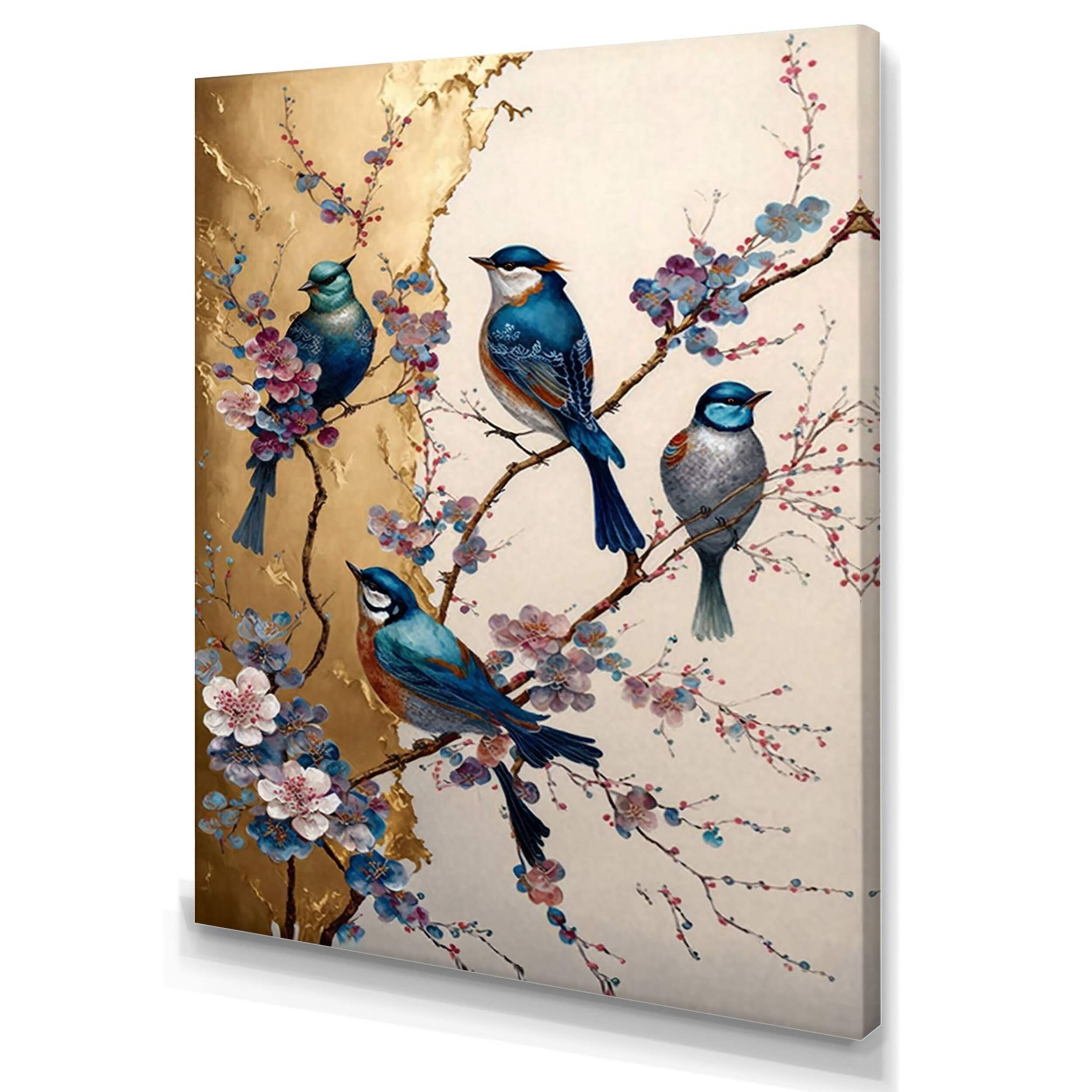 Designart Multicolour Birds On Plum Blossoms Tree XVI Canvas Wall Art, Beige, 30-in x 40-in Front_Three_Fourths_Angled_Left