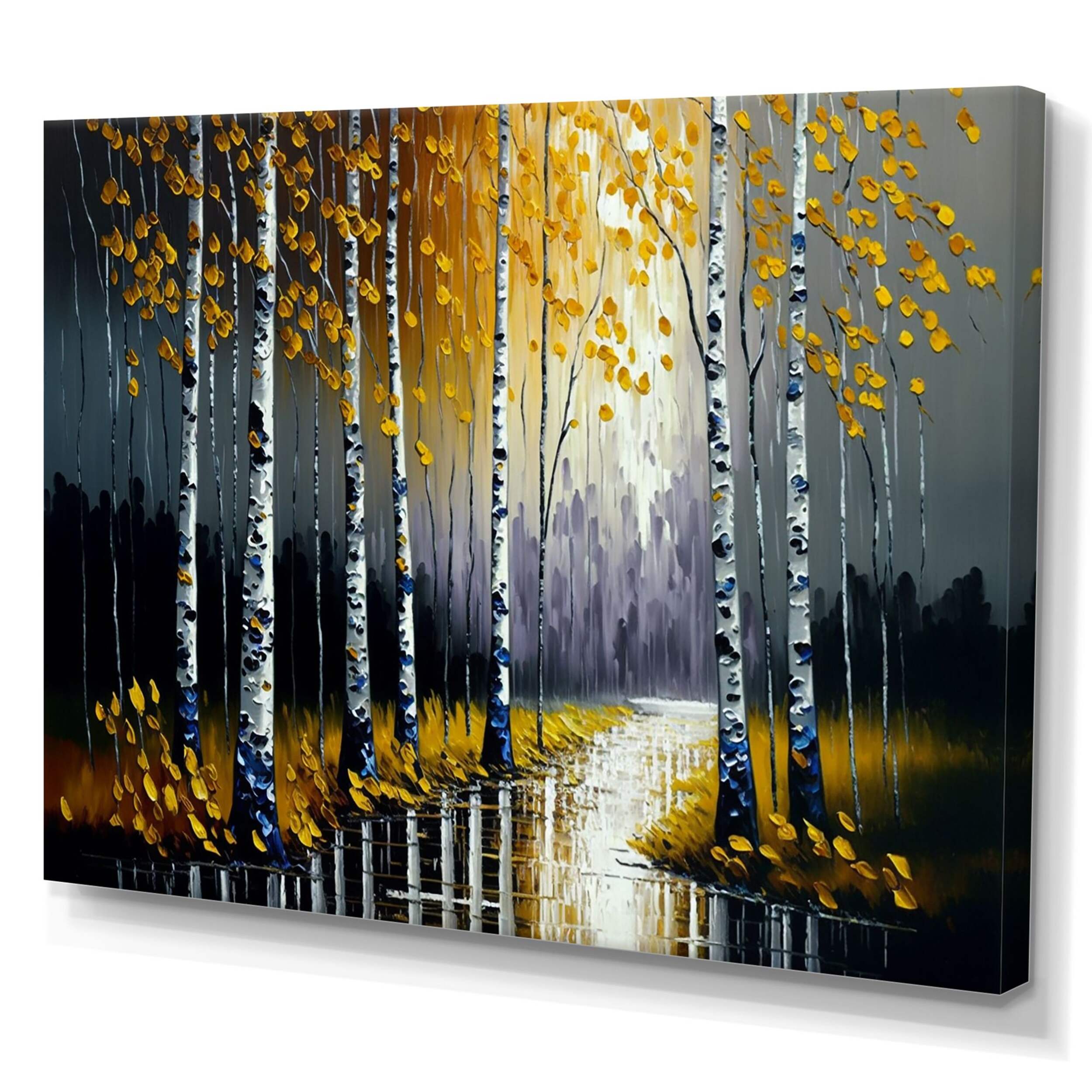 Designart Monochrome Golden Birch Trees By The River II Canvas Wall Art, Grey, 40-in x 30-in Front_Three_Fourths_Angled_Left