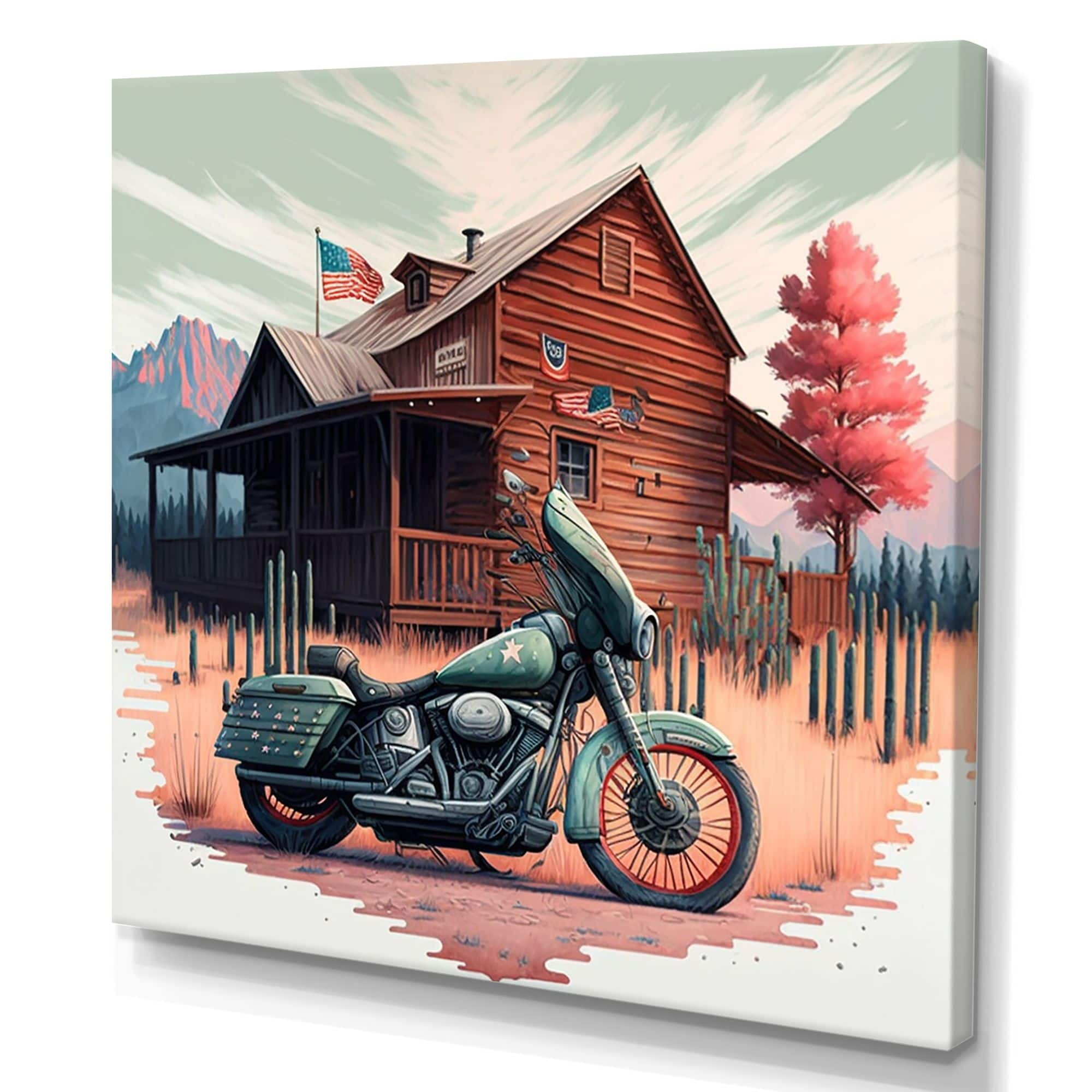 Designart Motorcycle Parked At The Cabin V Canvas Wall Art Blue