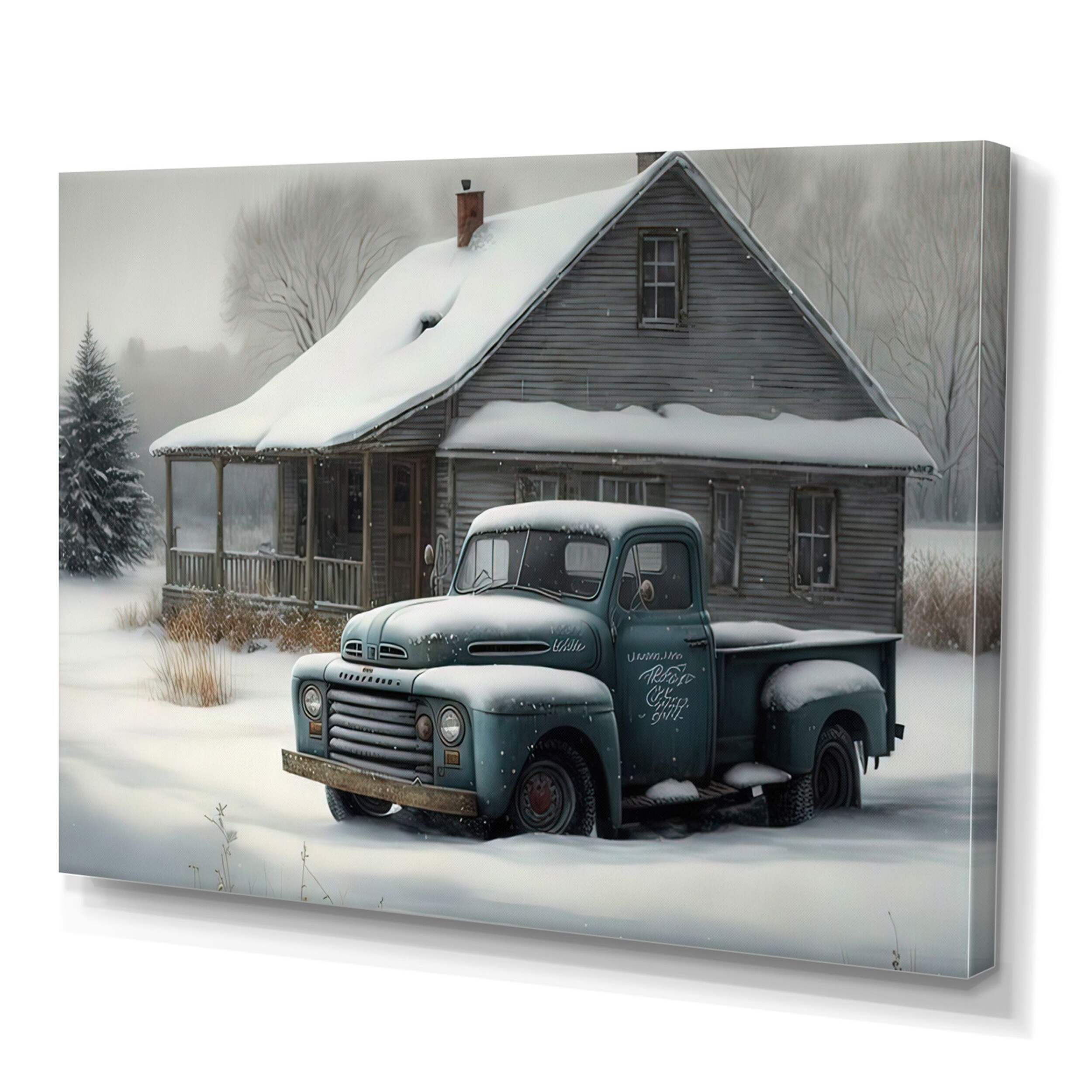 Designart Old Truck At The Barn In Winter IV Canvas Wall Art, White, 32-in x 24-in Front_Three_Fourths_Angled_Left