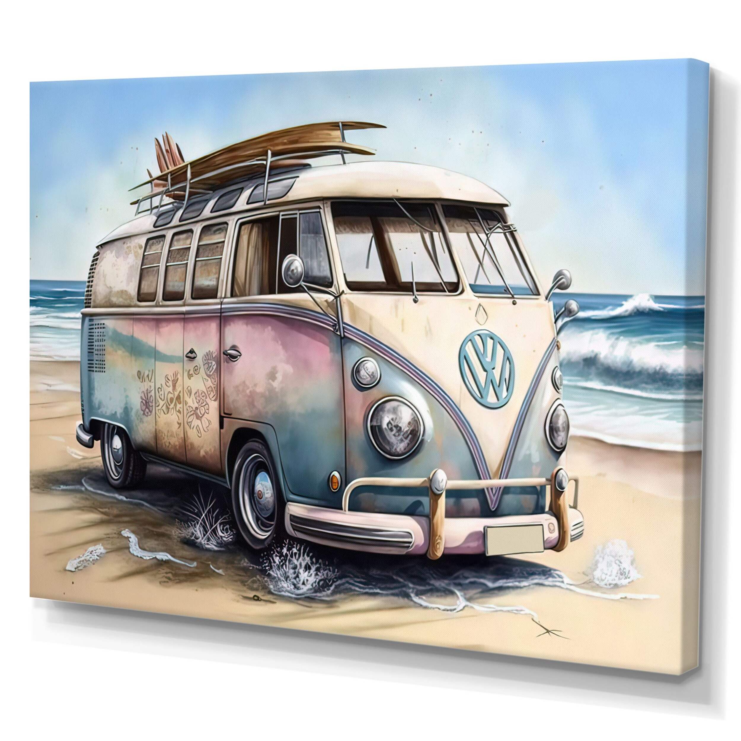 Designart 70S Surfing Van At The Beach I Canvas Wall Art, Pink, 40-in x 30-in Front_Three_Fourths_Angled_Left