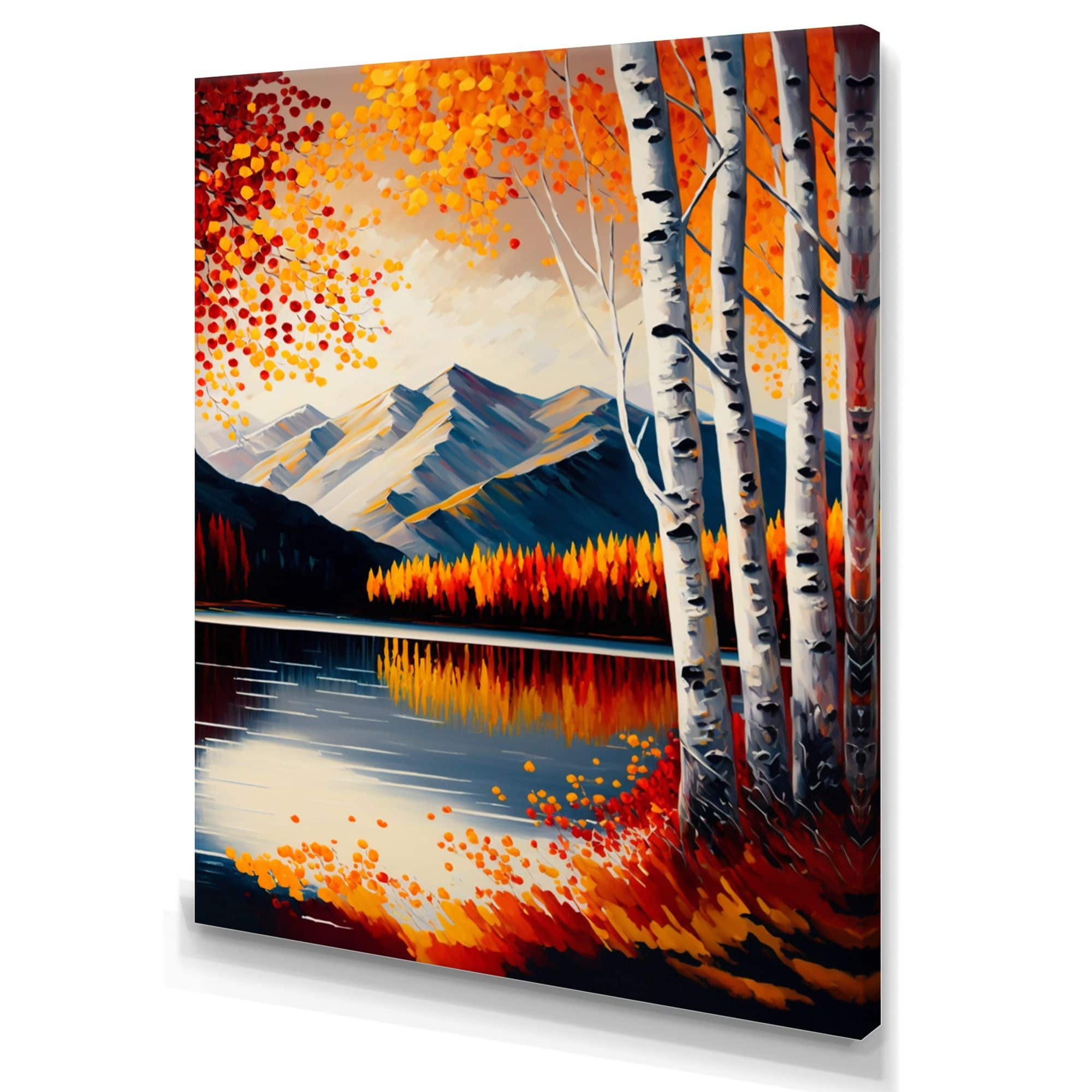 Designart Red & Orange Birch Trees By The Lake V Canvas Wall Art, 12-in ...