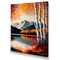 Designart Red & Orange Birch Trees By The Lake V Canvas Wall Art, 30-in x 40-in Front_Three_Fourths_Angled_Left