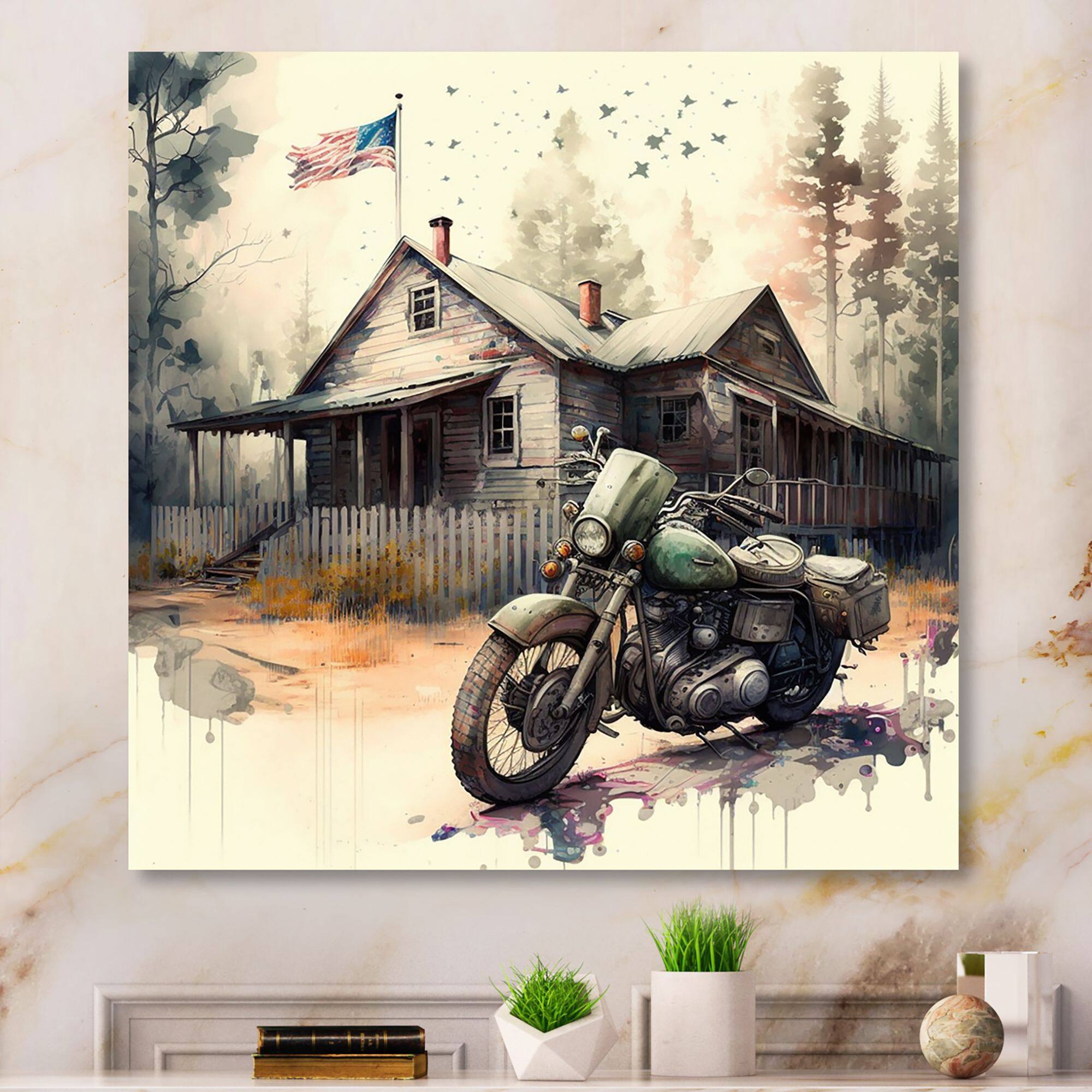 Designart Motorcycle Parked At The Cabin IV Canvas Wall Art 30 in