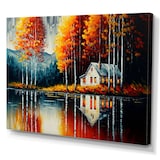 Designart Red & Orange Lake House with Birch Trees Canvas Wall Art, 20-in x 12-in Front_Three_Fourths_Angled_Left