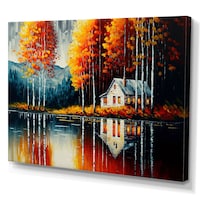 Designart Red & Orange Lake House with Birch Trees Canvas Wall Art, 20-in x 12-in Front_Three_Fourths_Angled_Left