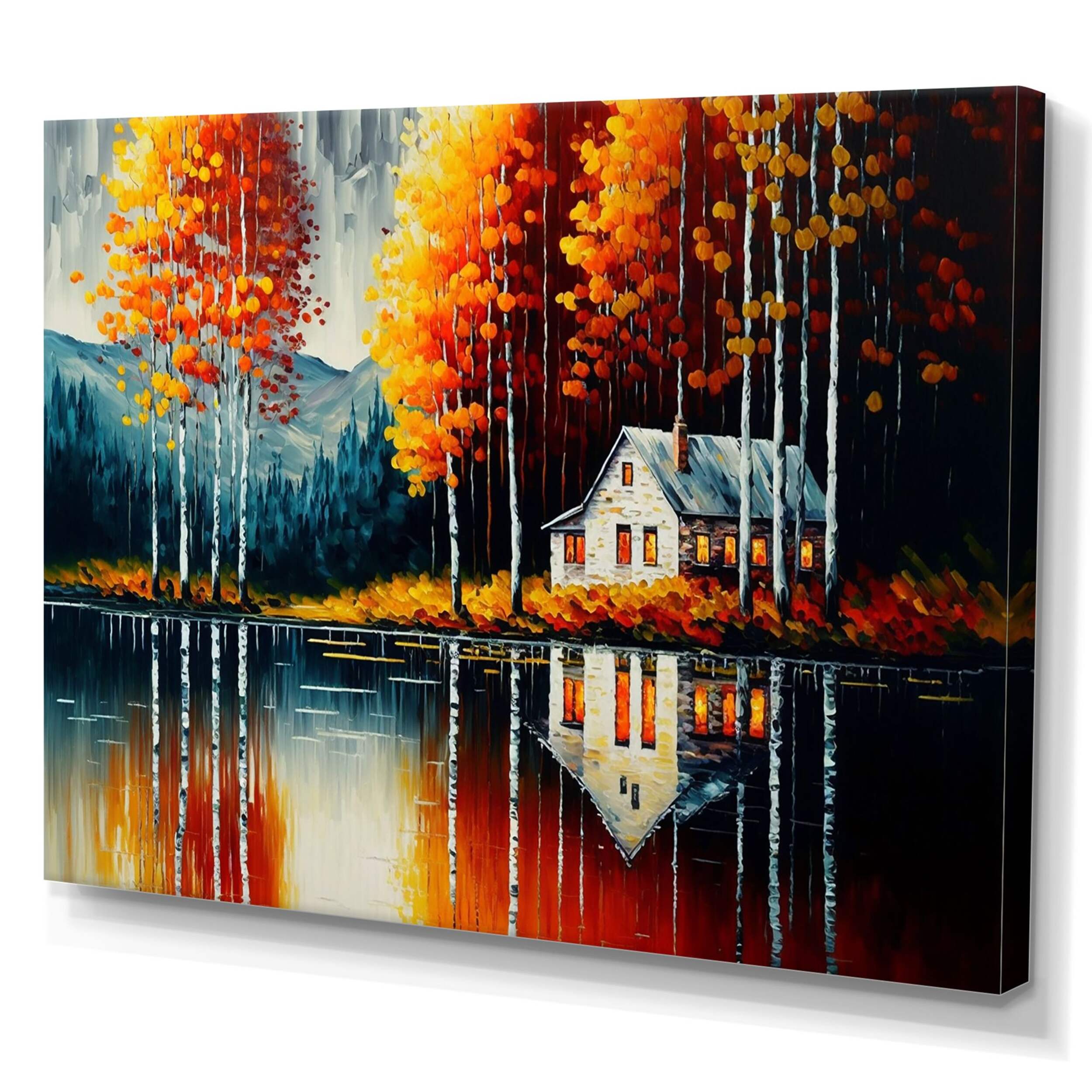 Designart Red & Orange Lake House with Birch Trees Canvas Wall Art, 40-in x 30-in Front_Three_Fourths_Angled_Left