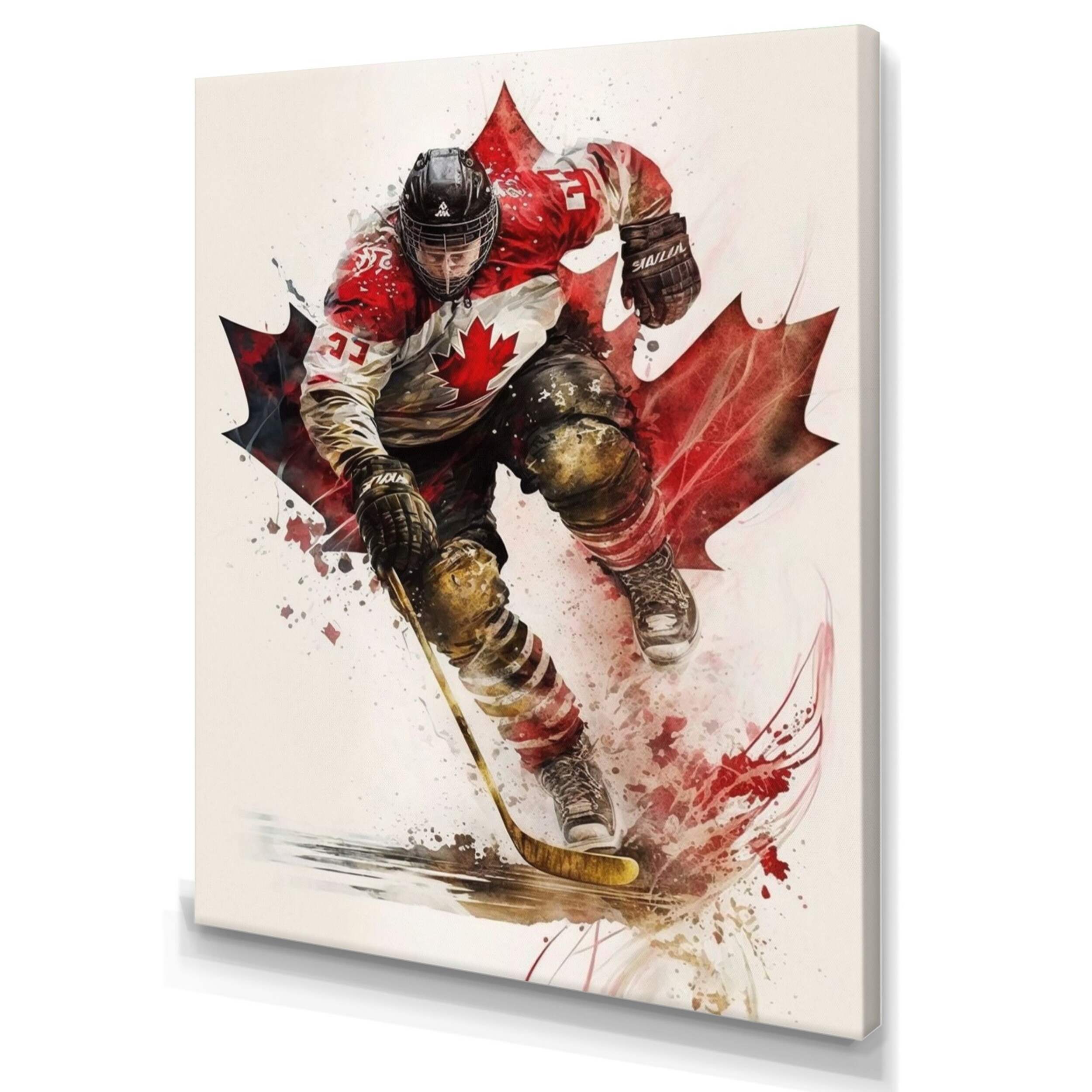 Toile murale Designart Canadian Hockey Player In Action II, 12 x 20 po Front_Three_Fourths_Angled_Left