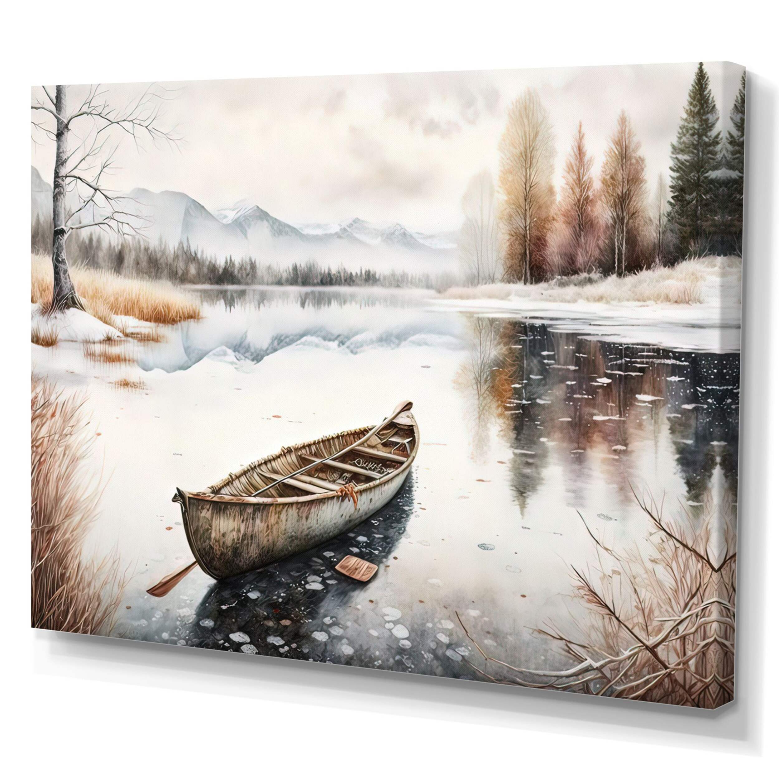 Designart Winter Scene with Canoe I Canvas Wall Art, 40-in x 30-in Front_Three_Fourths_Angled_Left