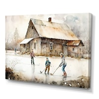 Designart Boys Playing Hockey At Cabin IV Canvas Wall Art, 40-in x 30-in Front_Three_Fourths_Angled_Left