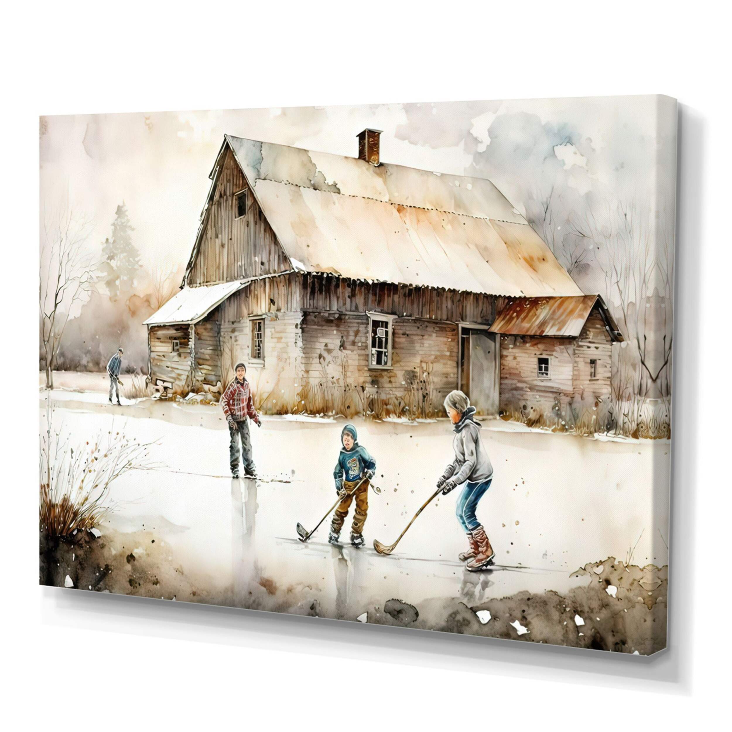 Designart Boys Playing Hockey At Cabin IV Canvas Wall Art, 32-in x 24-in Front_Three_Fourths_Angled_Left