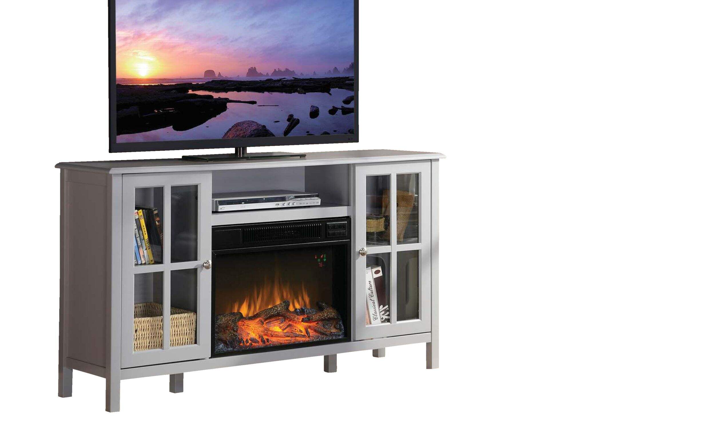 MasterFlame Electric Fireplace TV Stand, 55.5-in, 1500W, Includes Remote Control, Grey Front_Three_Fourths_Angled_Right