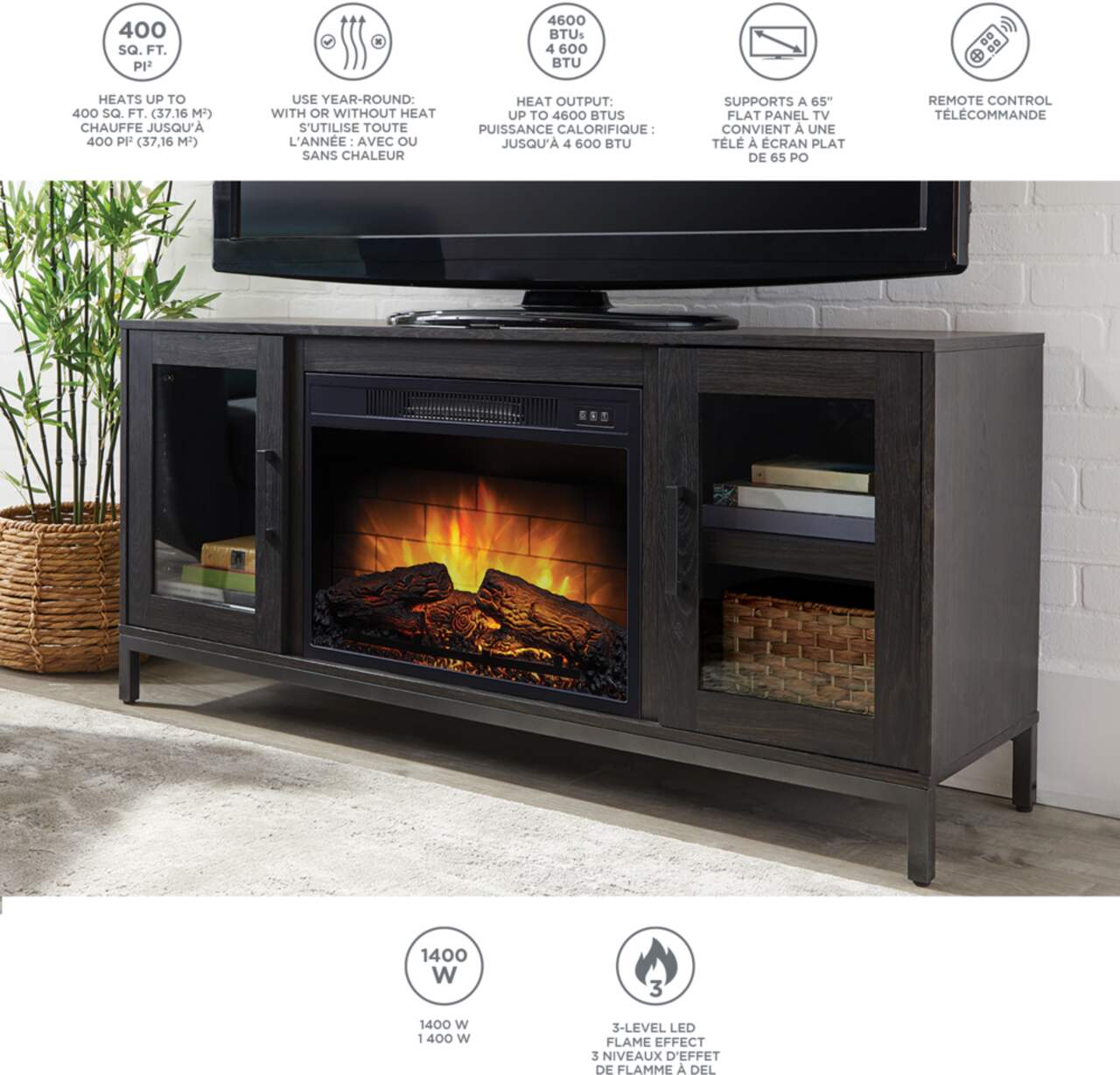 CANVAS Canmore Media Console Electric Fireplace TV Stand 54 in 1400W Includes Remote Control Brown