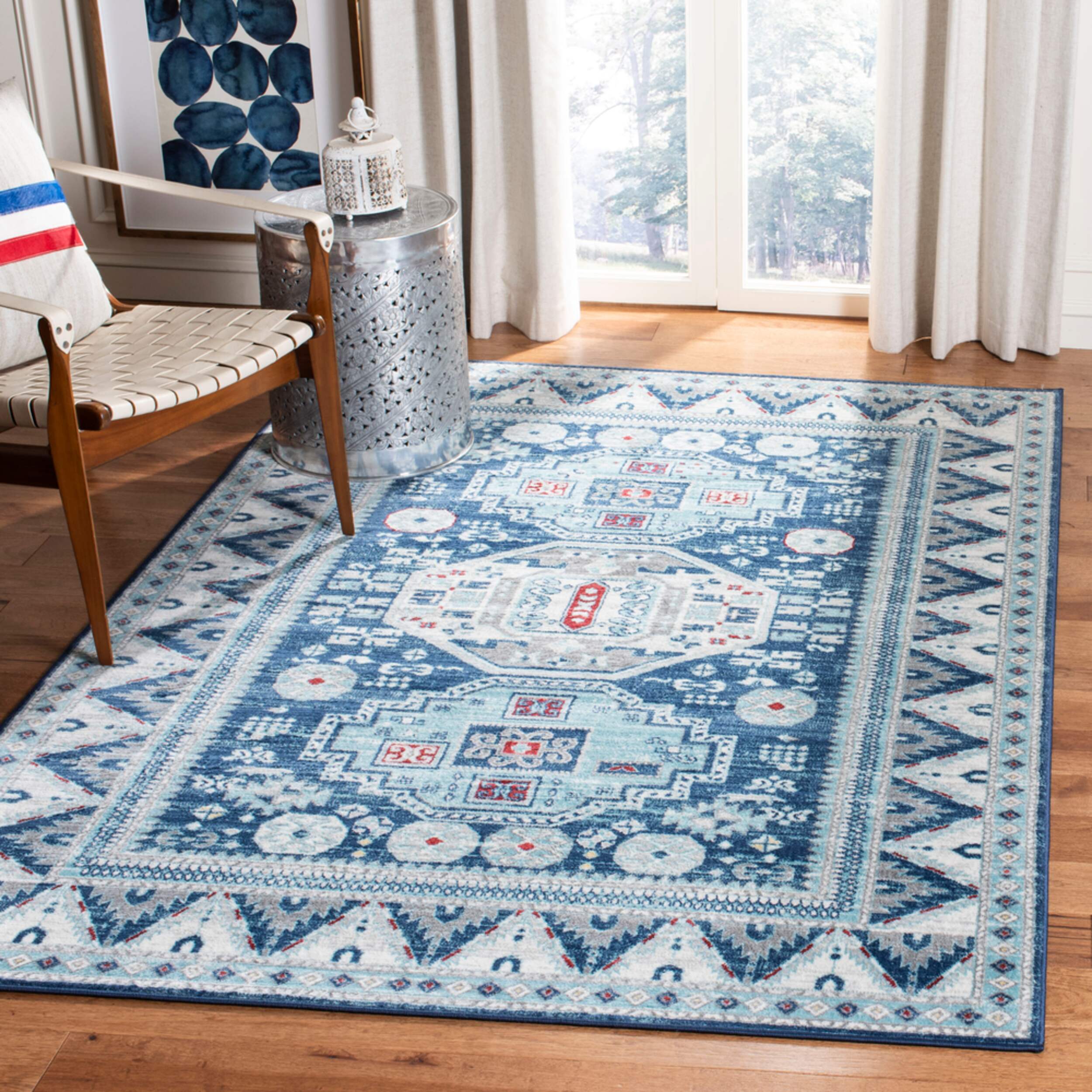Tapis Safavieh Kazak 118, bleu/crème Front_Three_Fourths_Angled_Right