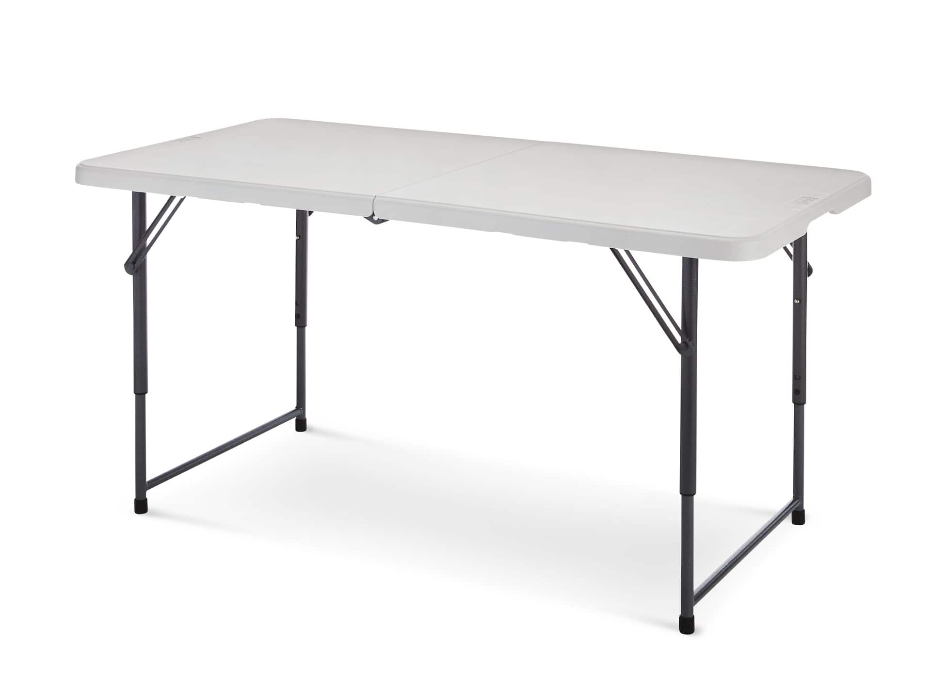 For Living 4 ft Portable Height Adjustable Plastic Metal Folding Table with Handle White Party City