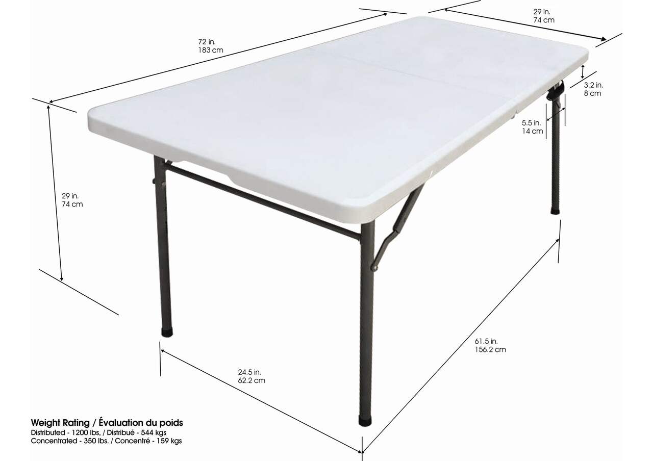 For Living - Table pliante portative en plastique et en métal avec poignée,  intérieur/extérieur, blanc, 6 pi