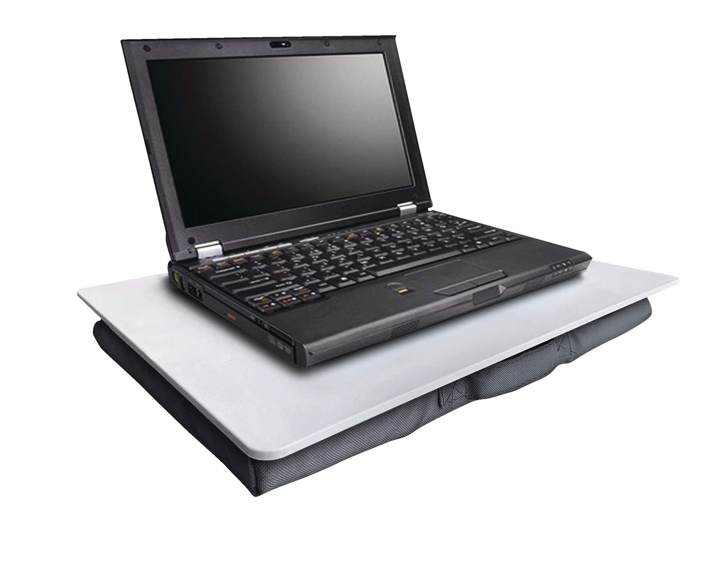 For Living Portable Padded Lap Desk, Fits Laptops Up To 16-in, Grey Front_Angled_Right