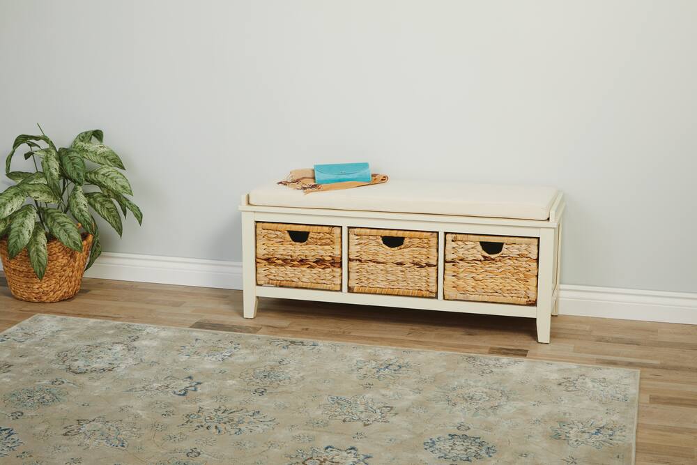 3 Drawer Basket Entryway Storage Bench, White Hall Bench Storage With Baskets And Cushion