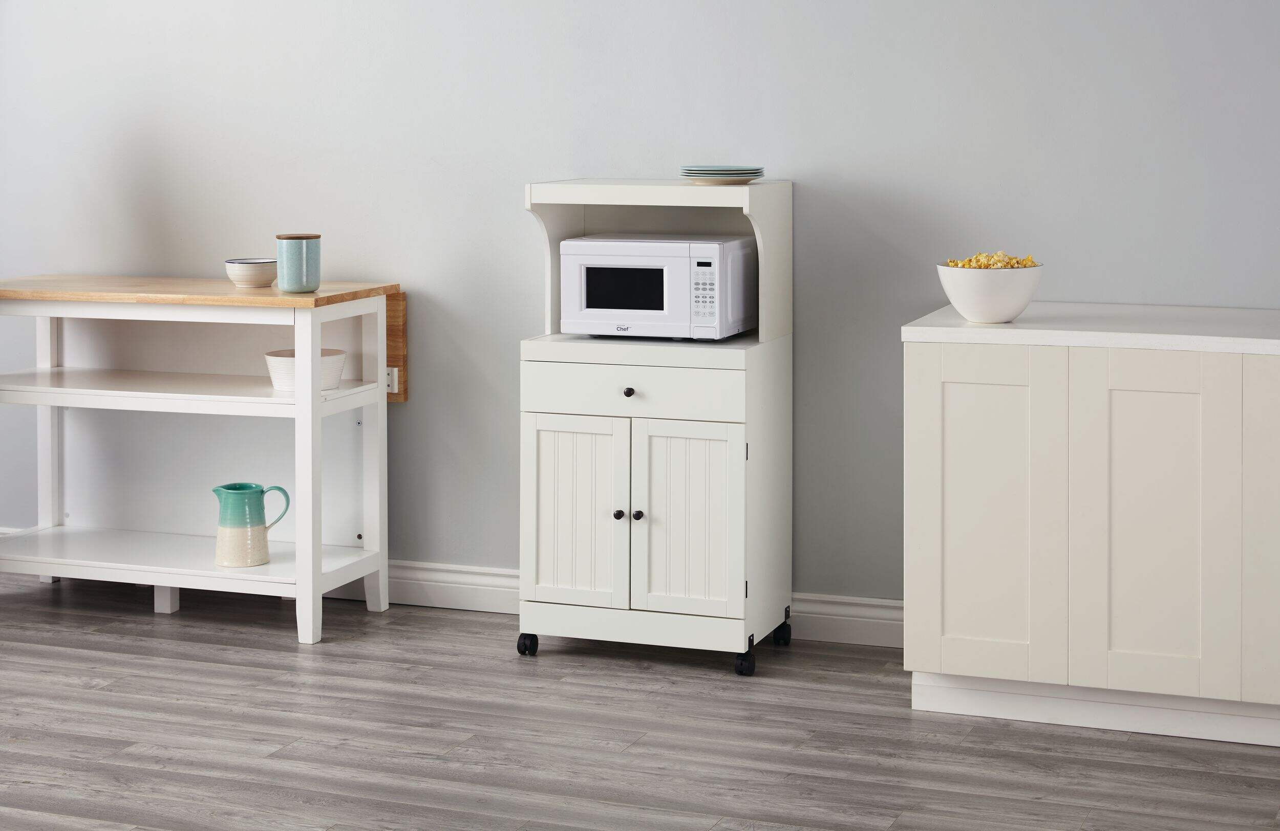 For Living 2Door 1Drawer Microwave Cart/Stand Kitchen Storage With Wheels, White