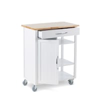 For Living Wood Top Kitchen Utility Storage Cart/Island With Locking Wheels, White Front_Three_Fourths_Angled_Right