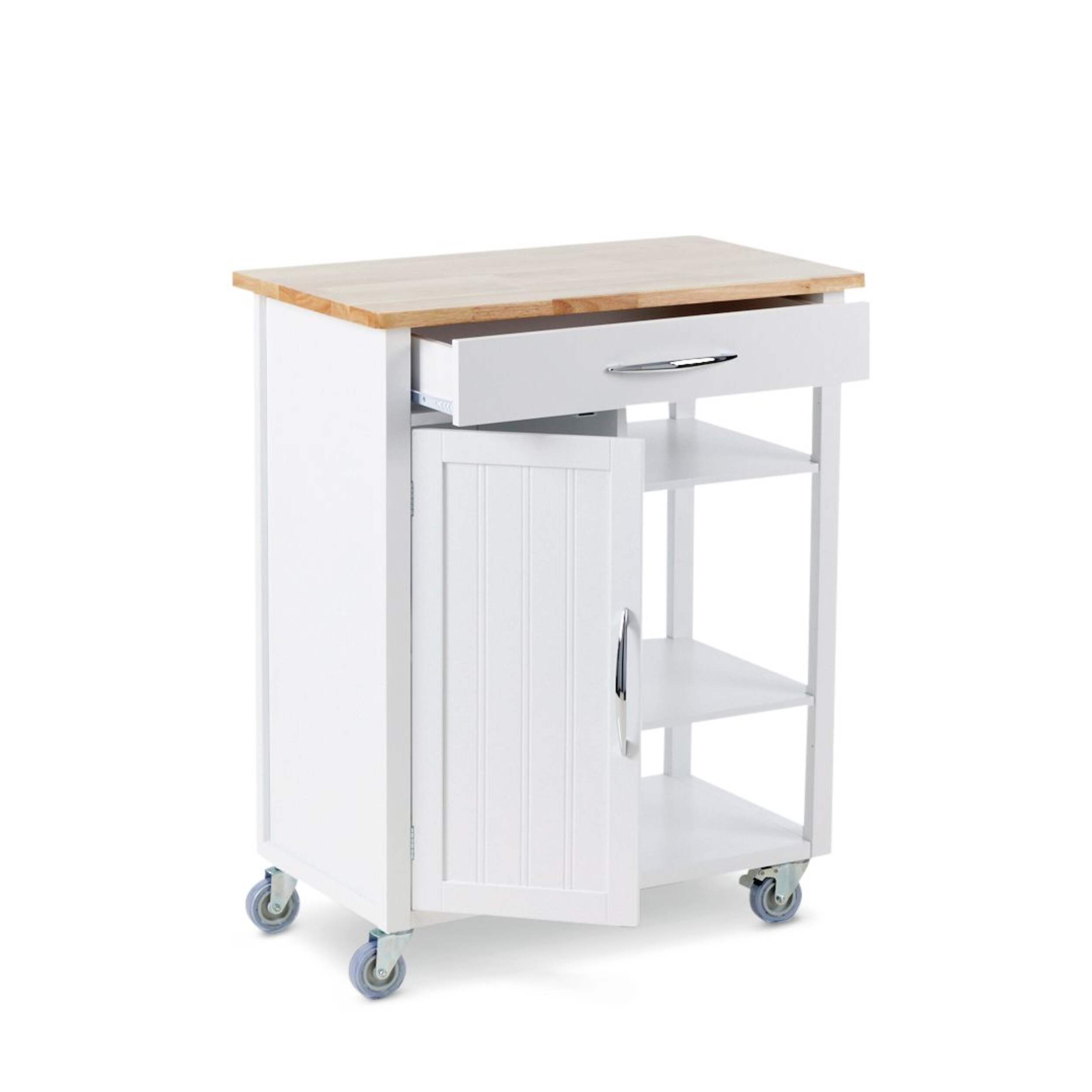 For Living Wood Top Kitchen Utility Storage Cart/Island With Locking Wheels, White Front_Three_Fourths_Angled_Right