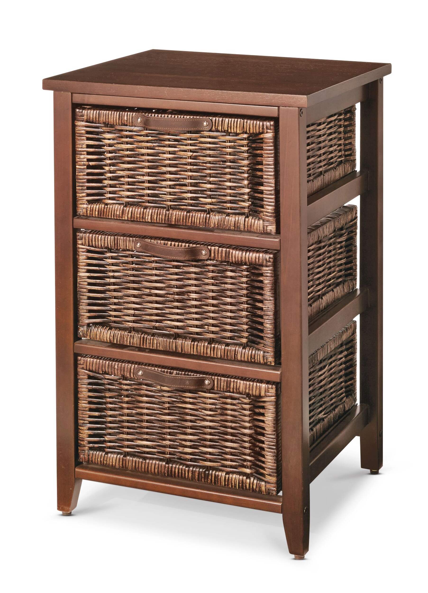 For Living Wood & Wicker 3-Drawer Storage Chest With Leather Pulls, Walnut Finish Front_Three_Fourths_Angled_Left