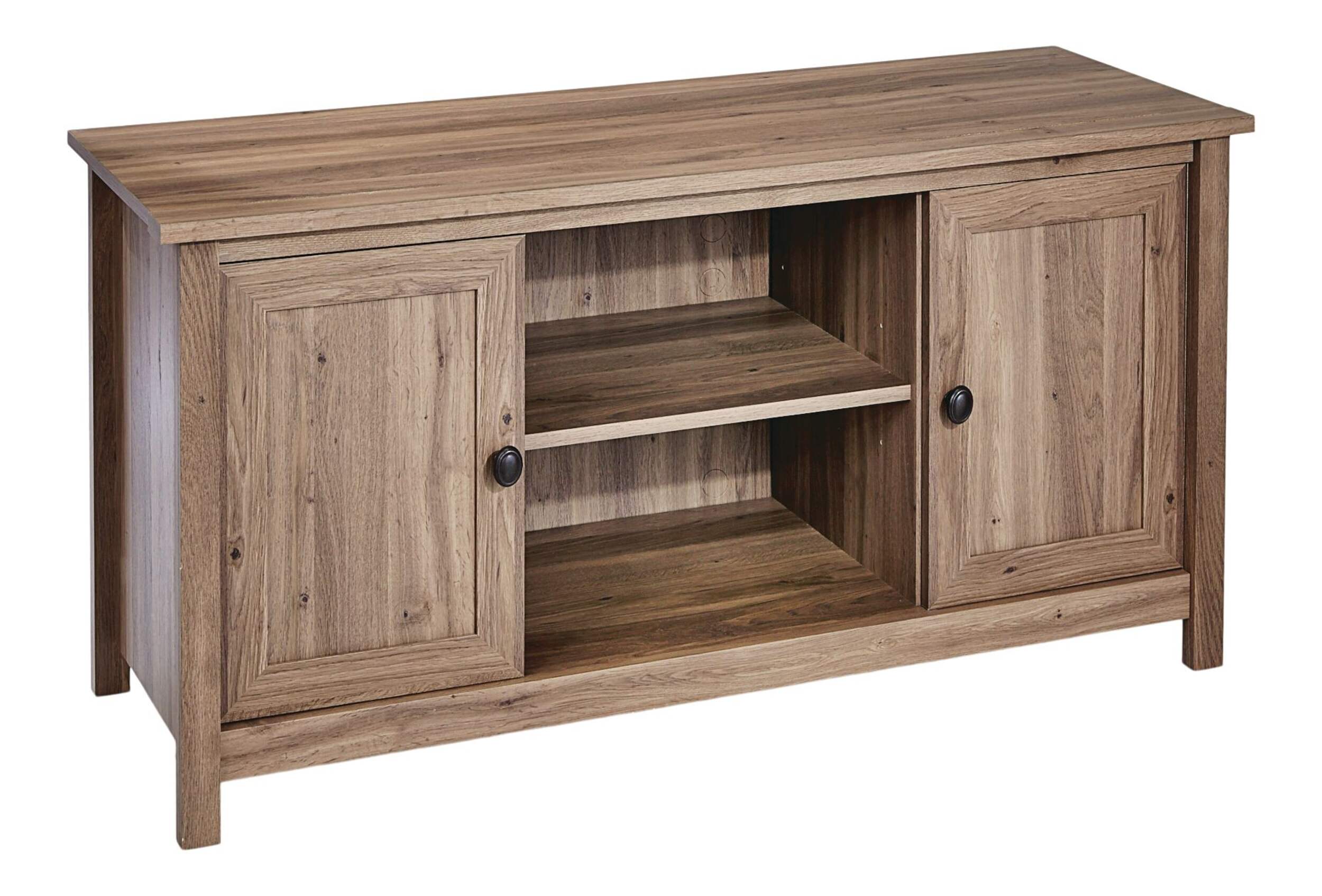 Sauder County Line 2-Door TV Stand & Media Storage Console Cabinet, Salt Oak Finish Front_Three_Fourths_Angled_Right