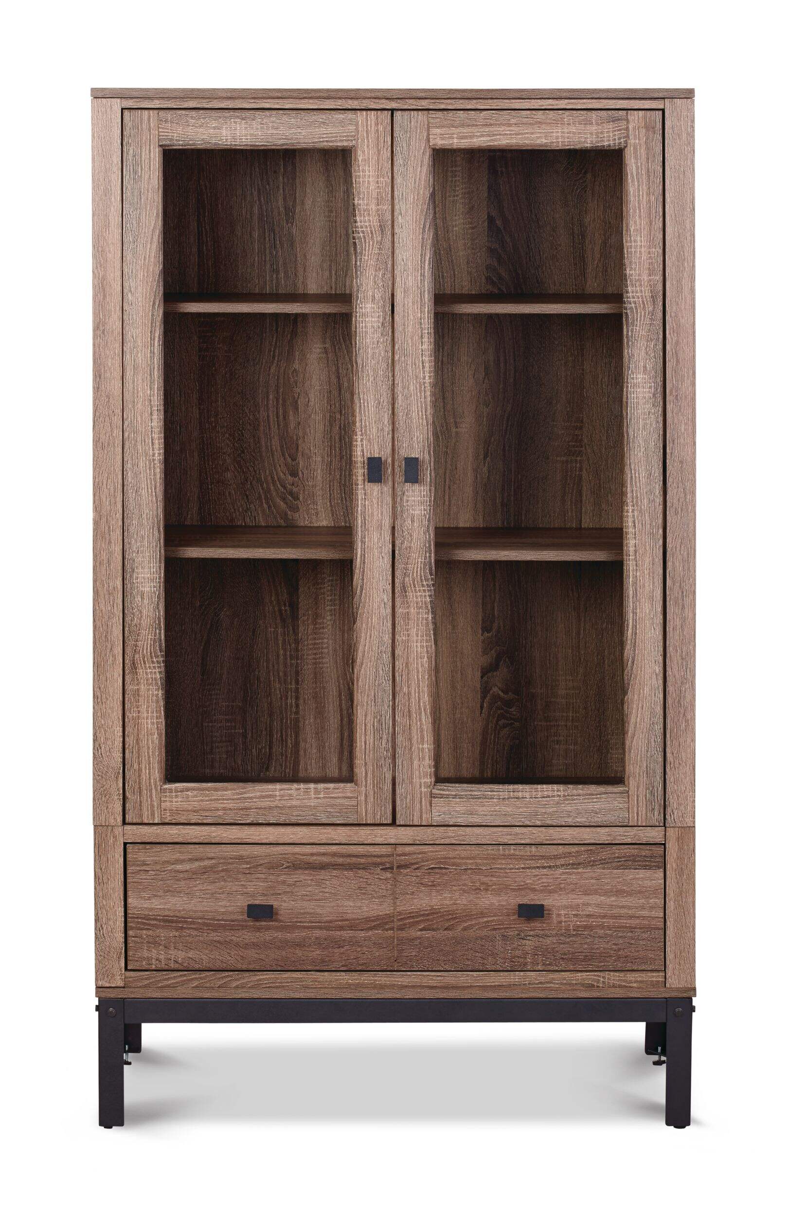 CANVAS Ossington 2-Door Glass Front Storage Cabinet With Drawer, Sonoma Oak Finish Front_Flat
