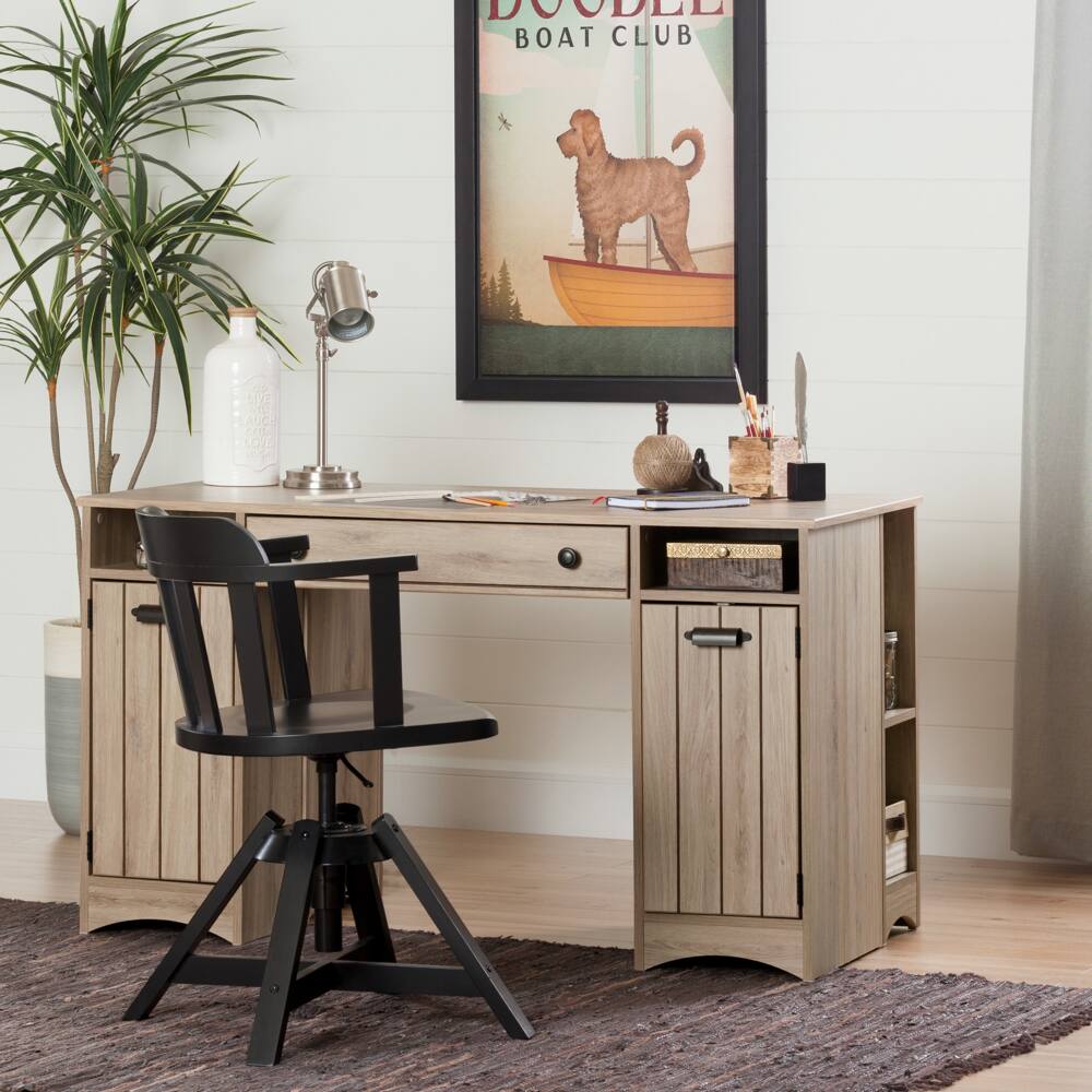 rustic craft table with 2 drawers and doors