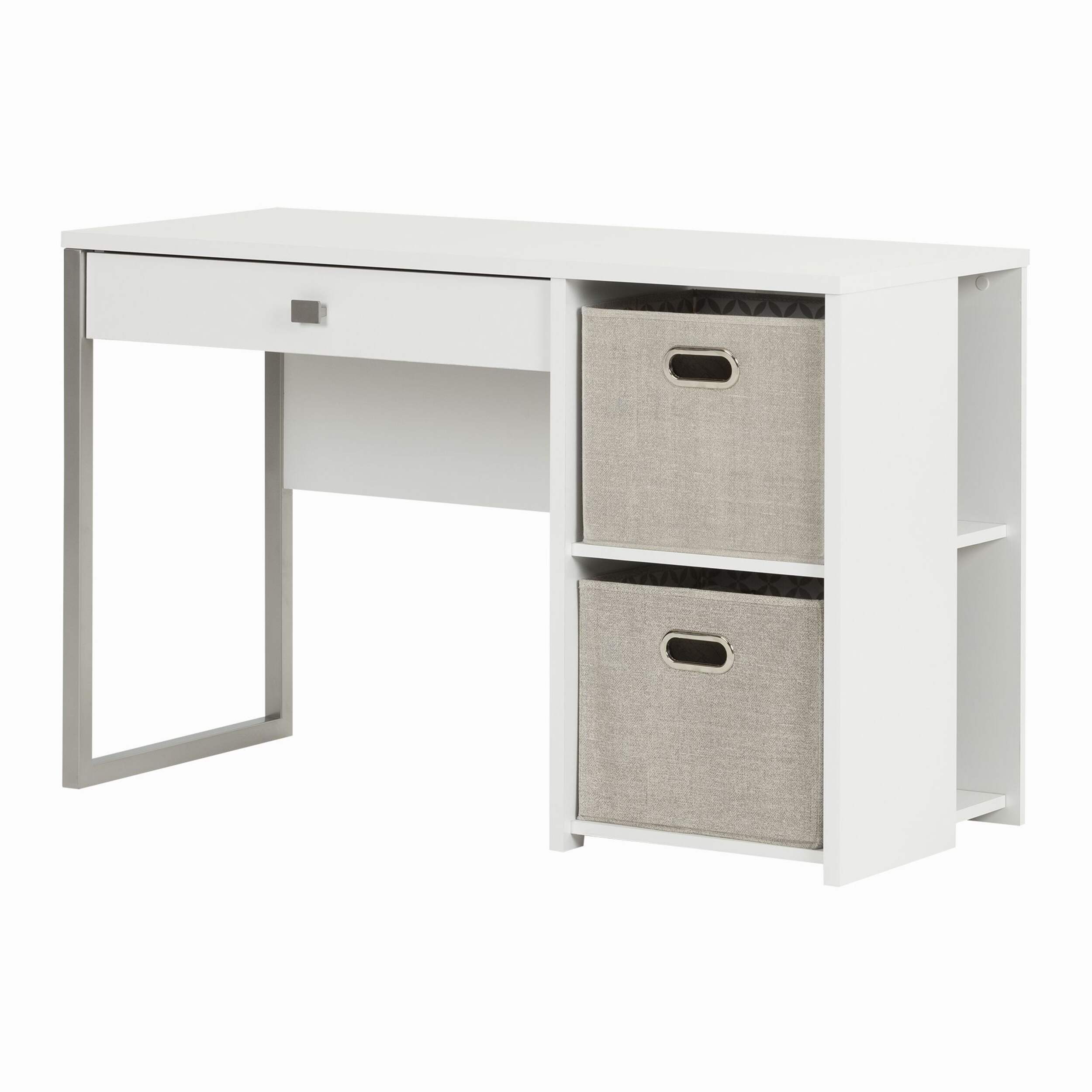 South Shore Interface Desk with Storage & Baskets. White/Taupe Front_Angled_Left