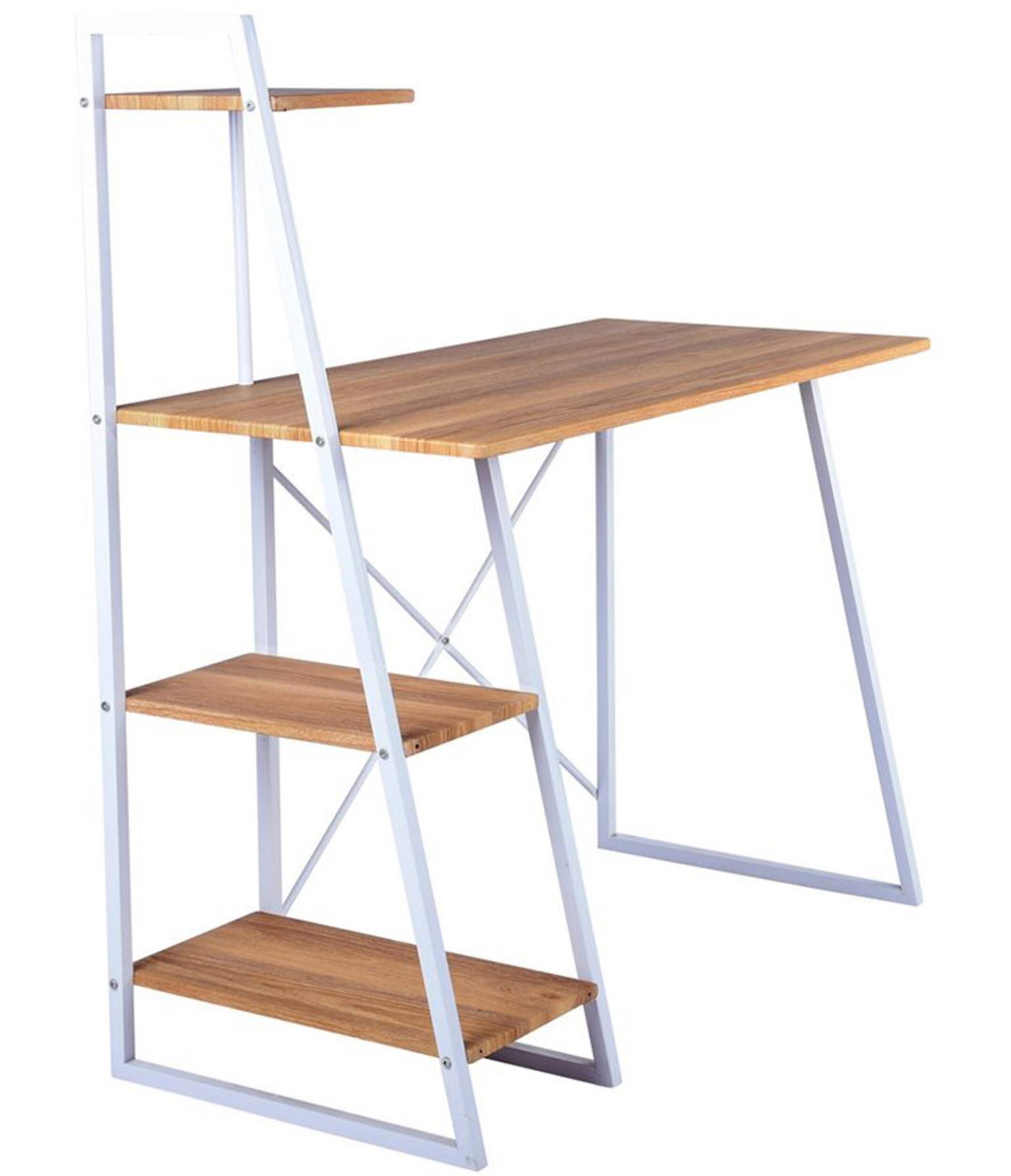 Bureau d'ordinateur à cadre en métal avec étagère de rangement 39F Pouchu, fini blanc/chêne Front_Angled_Right