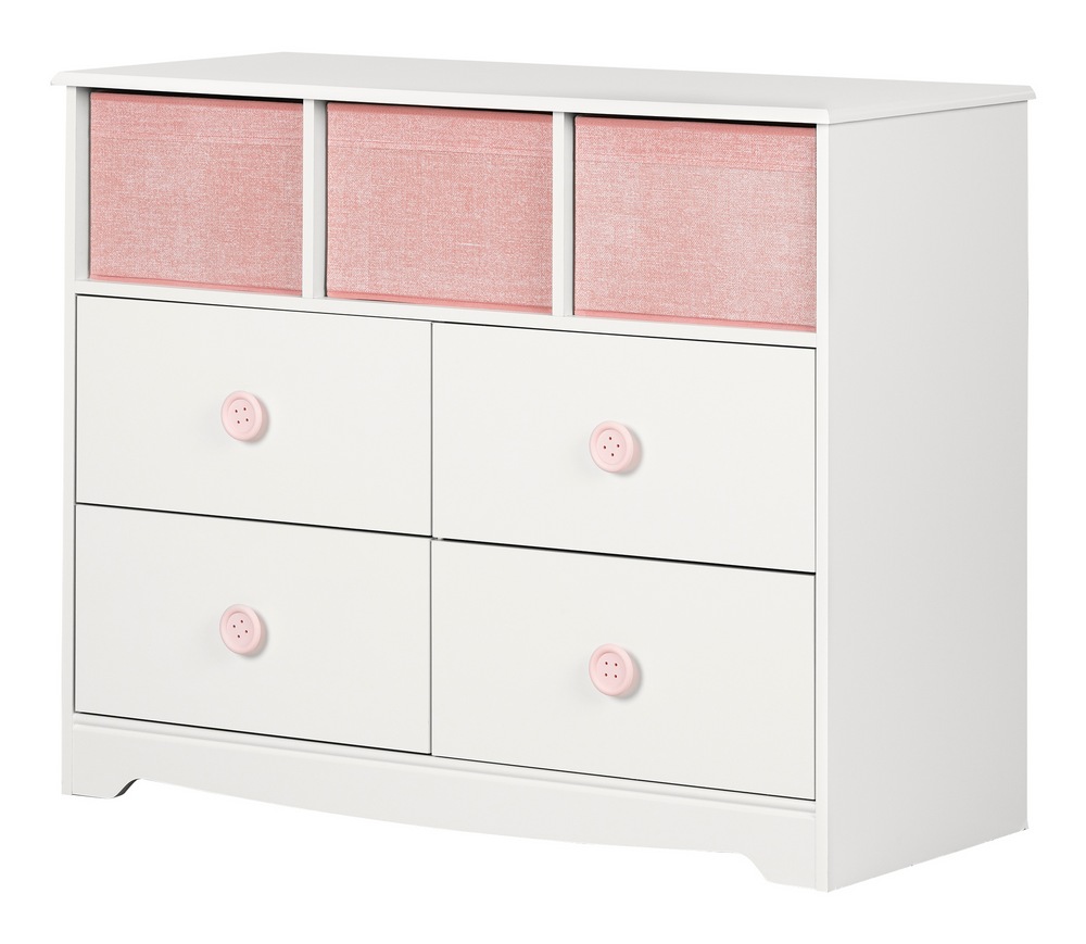 South Shore Sweet Piggy Kids 4Drawer Dresser/Chest With 3 Storage Baskets, White/Pink