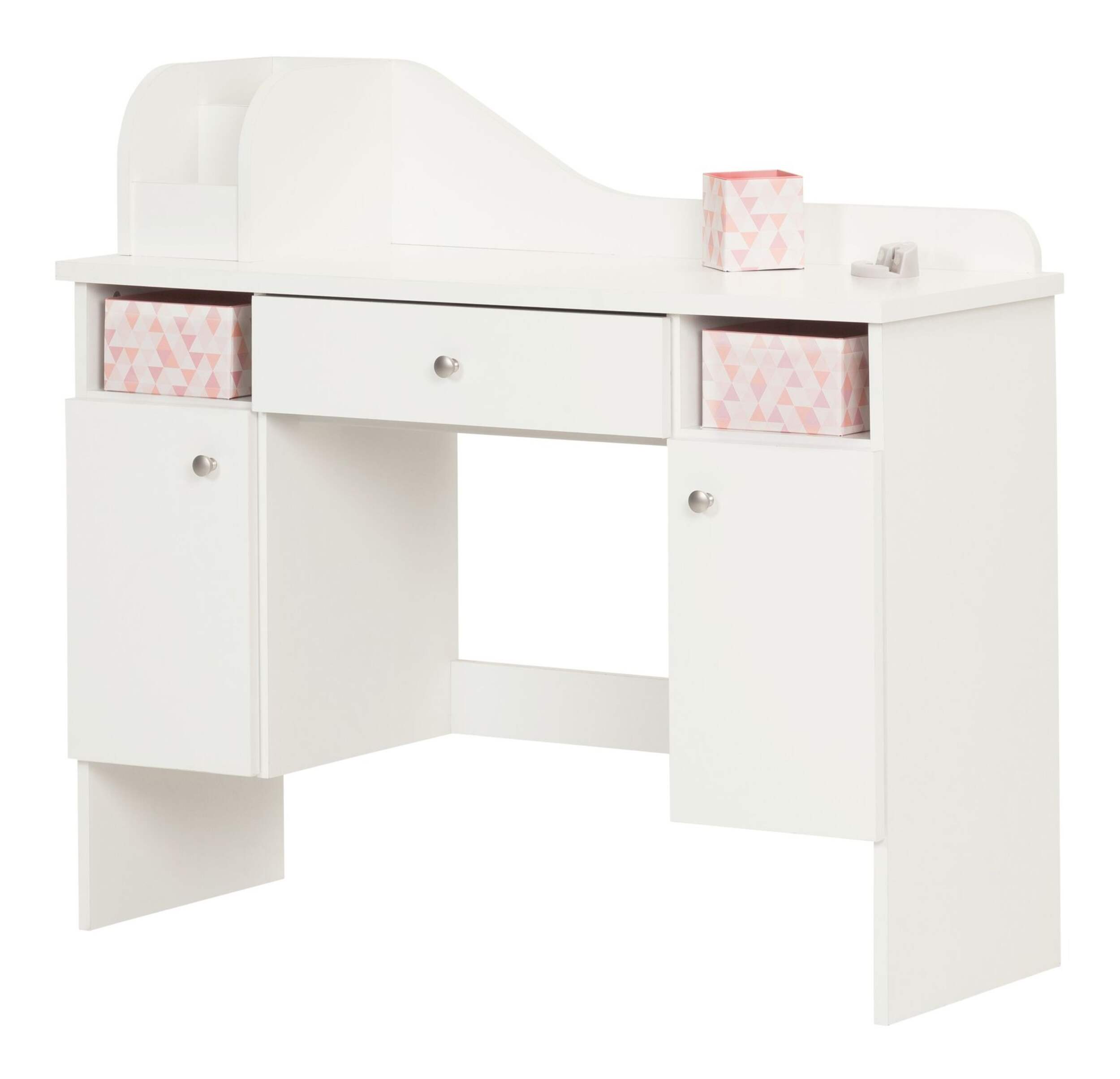 South Shore Vito Makeup & Vanity Dressing Table/Desk With Storage, Pure White/Pink Front_Angled_Left