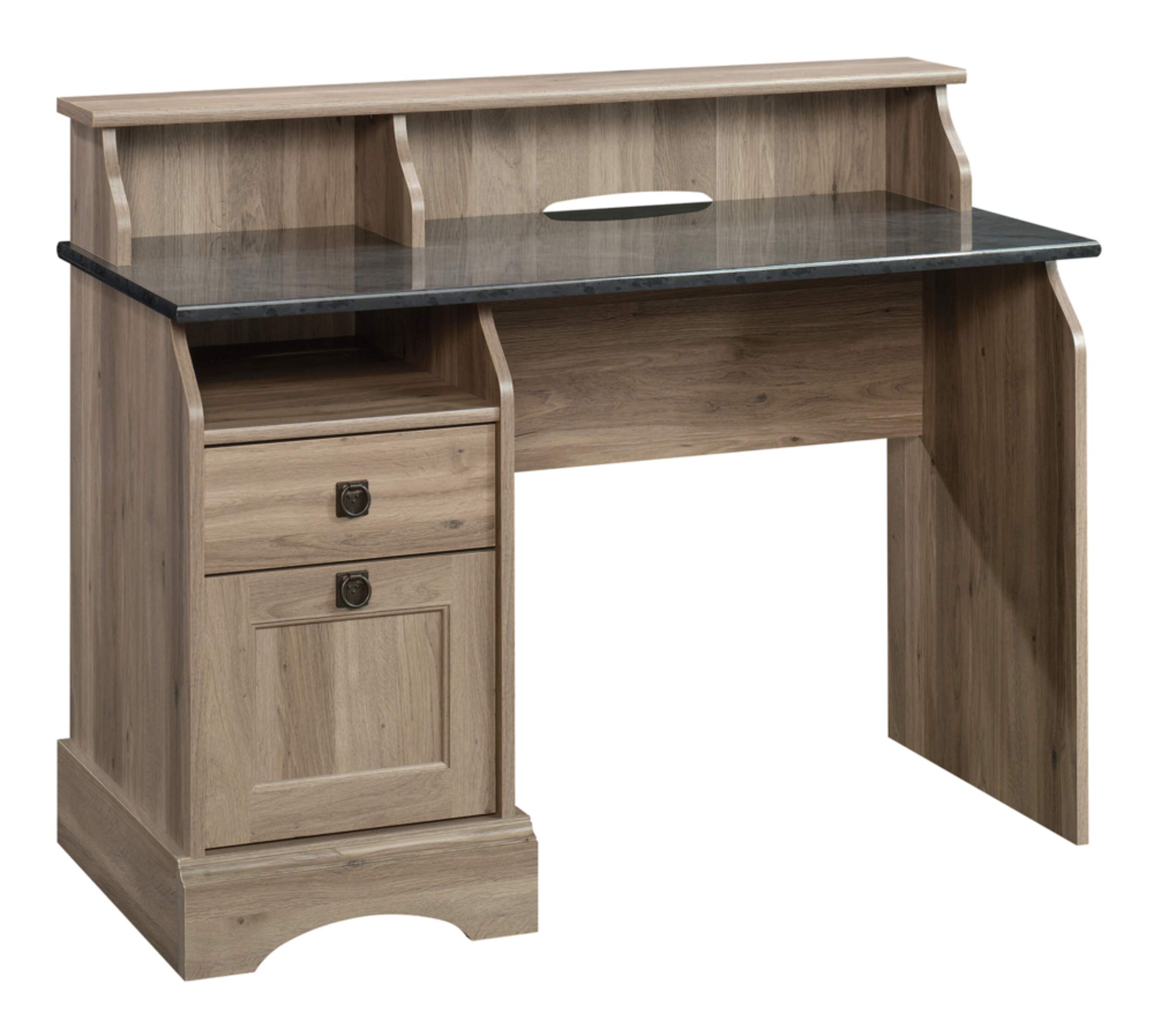 Bureau d'ordinateur à 2 tiroirs avec huche Sauder Graham Hill, fini chêne salé Front_Angled_Right