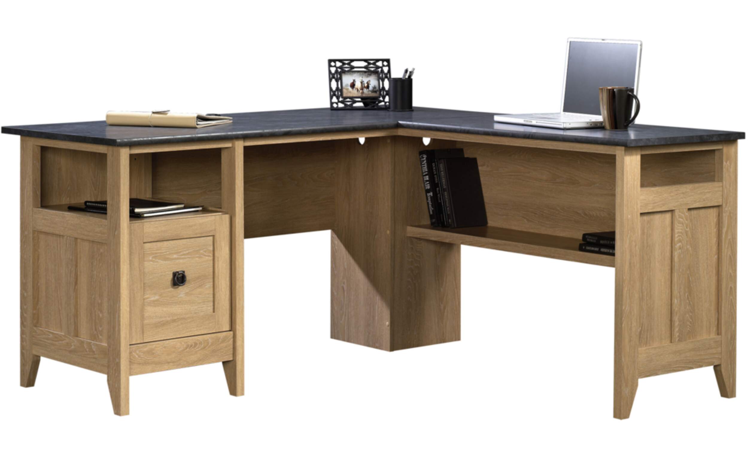 Sauder August Hill Corner L-Shaped Home Office Computer Desk With Drawer, Dover Oak Finish Front_Elevated