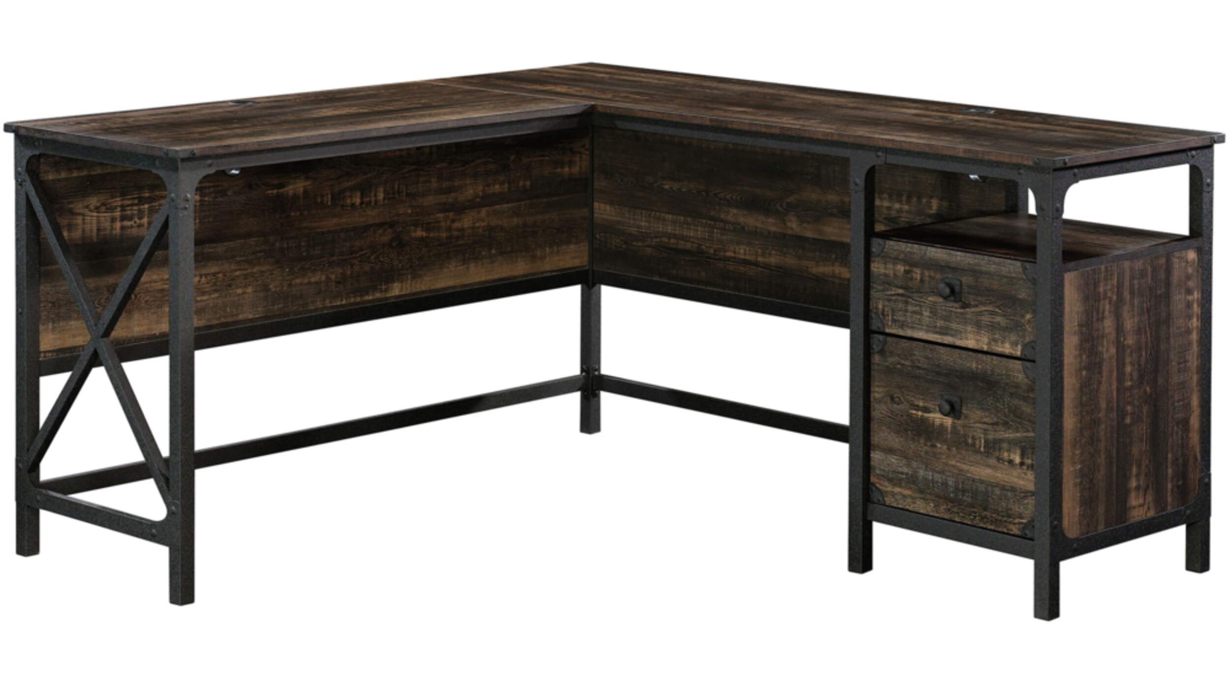 Bureau d'ordinateur en coin en L avec 2 tiroirs Sauder Steel River, fini chêne carbone Front_Flat