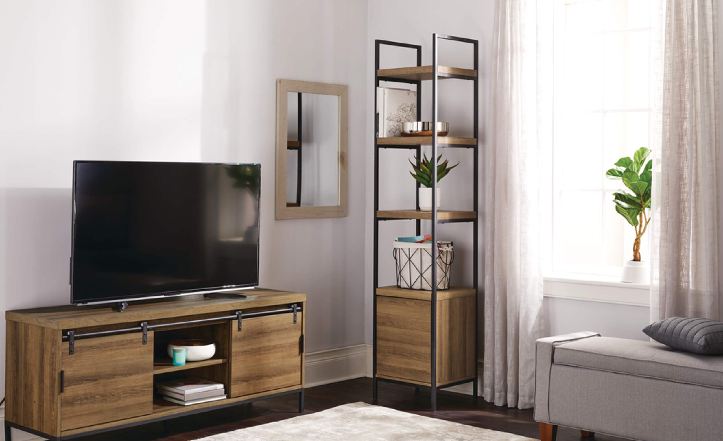 CANVAS Robson 4Tier Metal Frame Narrow Bookcase With Storage Door, Oak