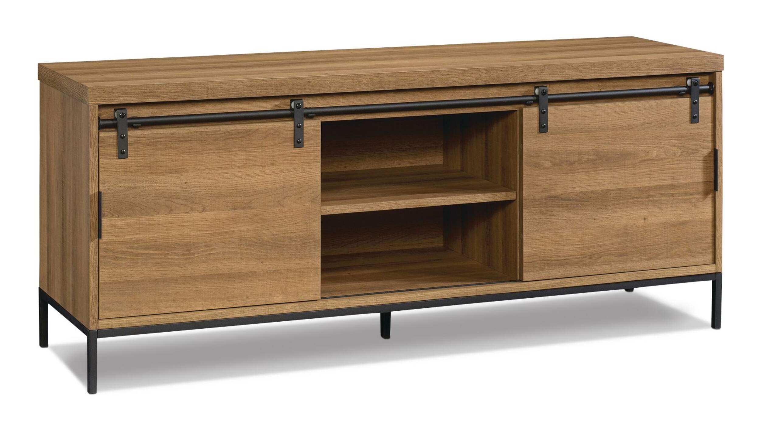 CANVAS Robson 2-Door Open Shelf TV Stand & Media Storage Console Cabinet , Oak Finish Front_Three_Fourths_Angled_Right