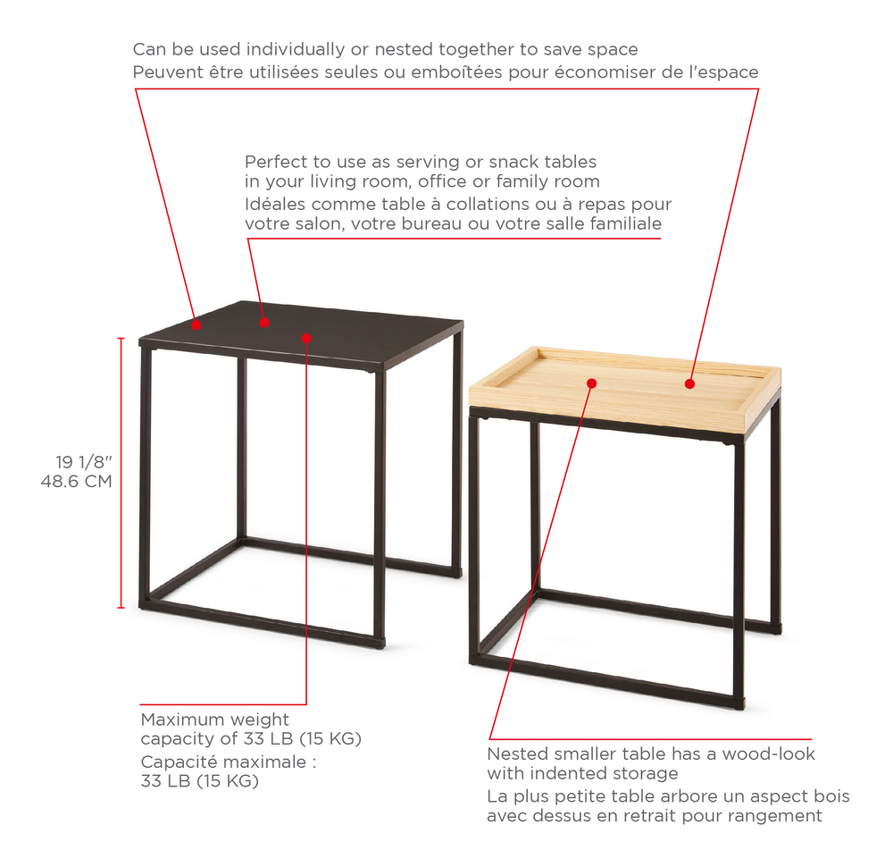 Tables d'appoint gigognes avec plateau de rangement CANVAS Carbon, paq