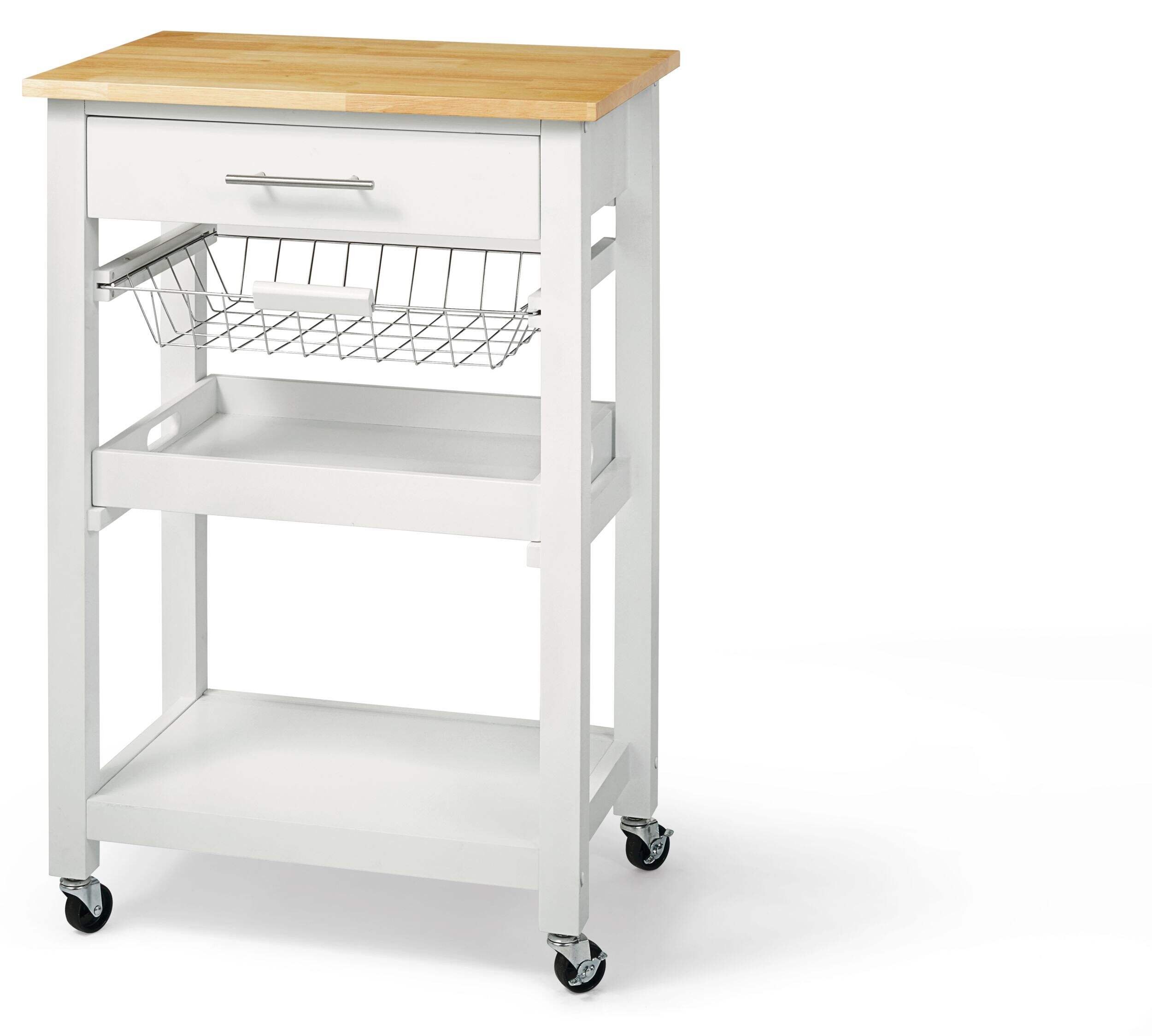 CANVAS Dorval Wood Top Kitchen Utility Storage Cart With Basket & Locking Wheels, White Front_Three_Fourths_Angled_Left